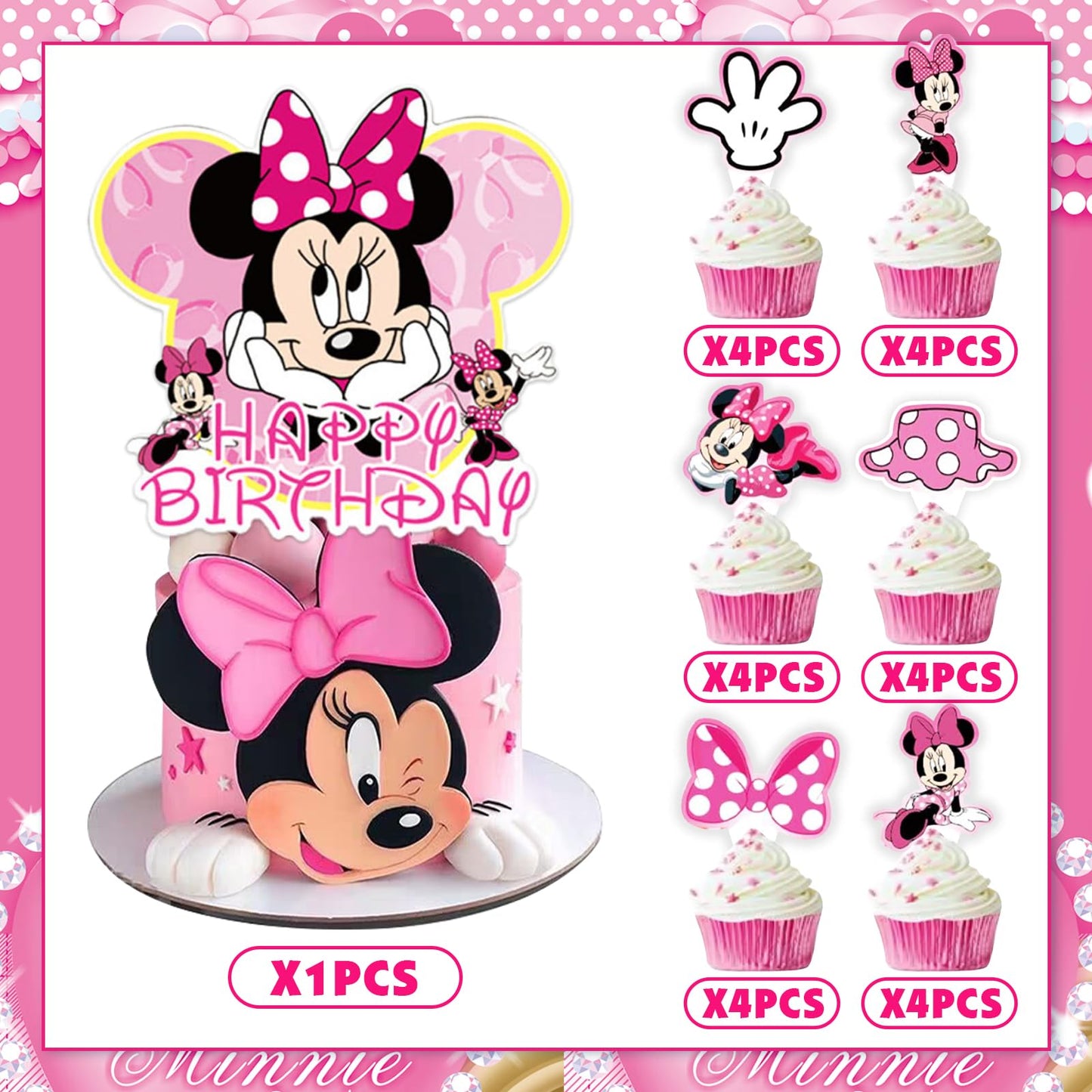 Pink Mouse Birthday Cake Topper for Girls, 25 Pcs Cute Mouse Cake Topper and Cupcake Toppers Set, Cartoon Themed Celebration Cake Decor, Perfect