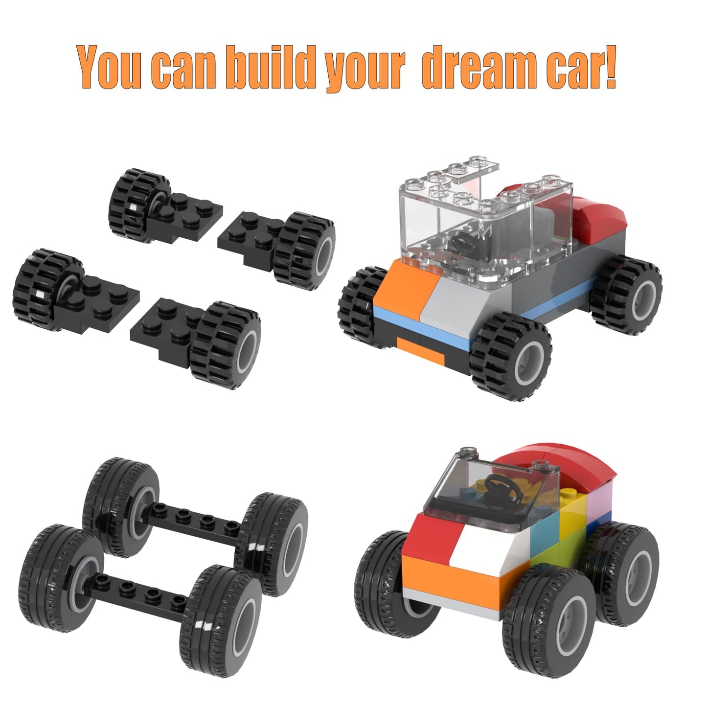 LANMANUO 160PCS Wheels and Axles Sets Car Parts Building Kit with Tires, Windshield, Chassis & Steering Wheel Compatible with Major Brands
