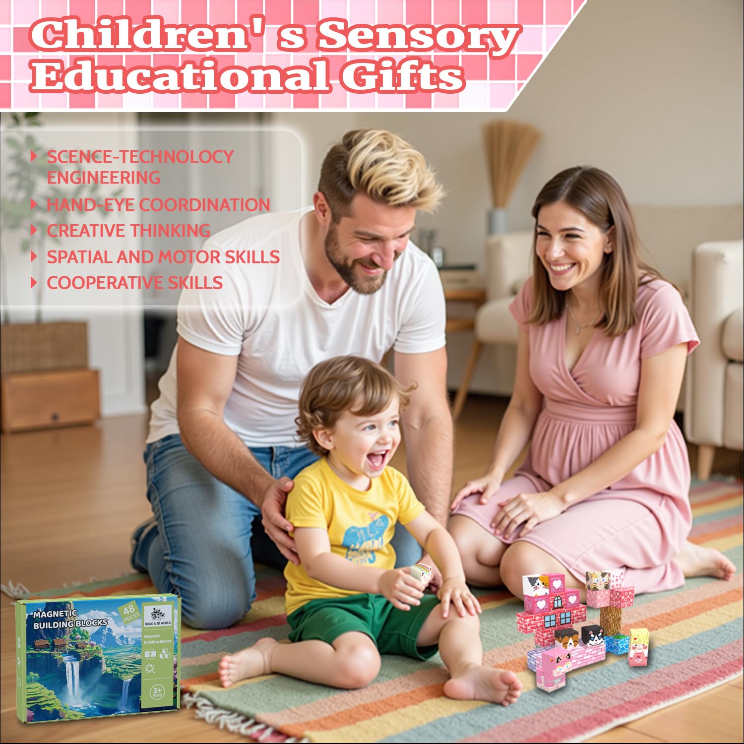 SSAWER Magnetic Blocks, 48PCS Magnetic Tiles Building Blocks, Magnet Cubes STEM Sensory Game Toys Christmas Birthday Gifts for Kids Girls Age 3+ (Pink