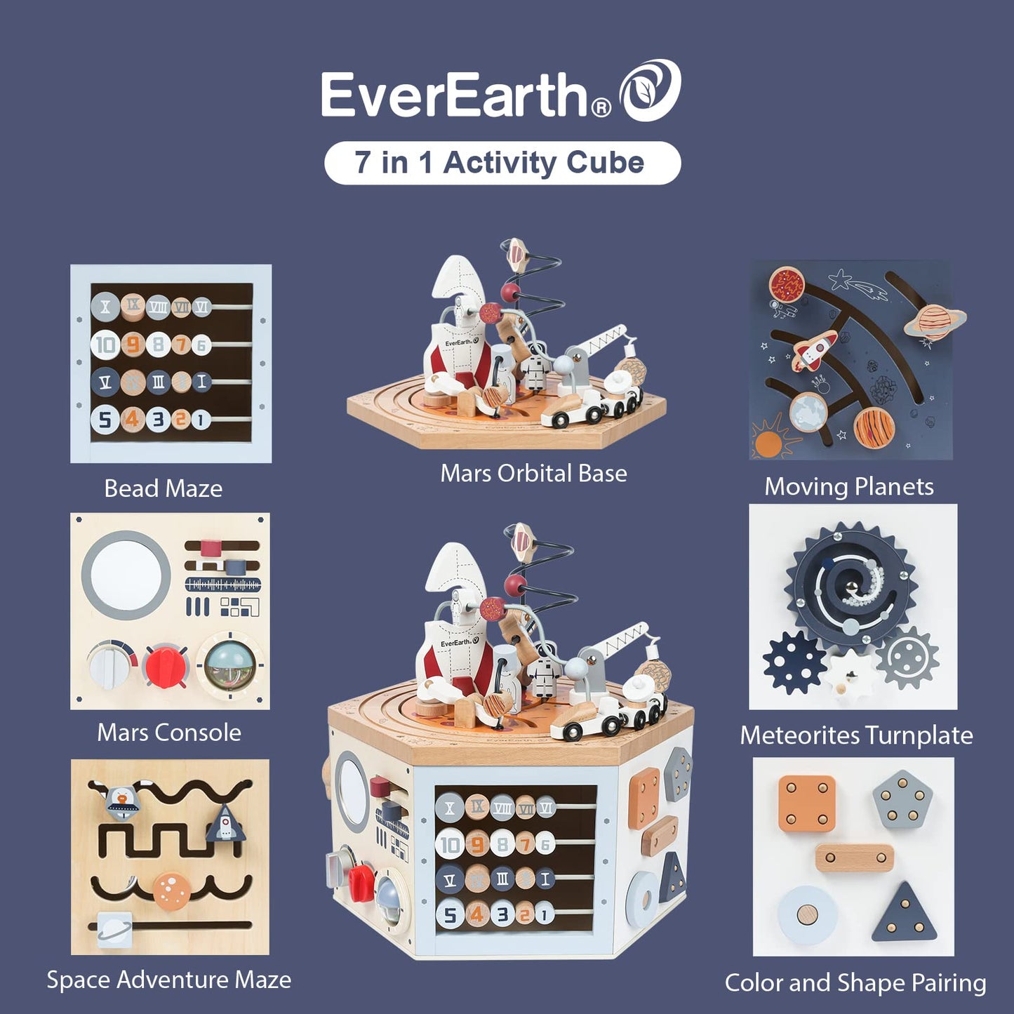 EverEarth Wooden Activity Cube with Bead Maze, Space Activity Cube for Toddlers 1-3 Girls Boys Multi Play Educational Learning Montessori Cube Toddler