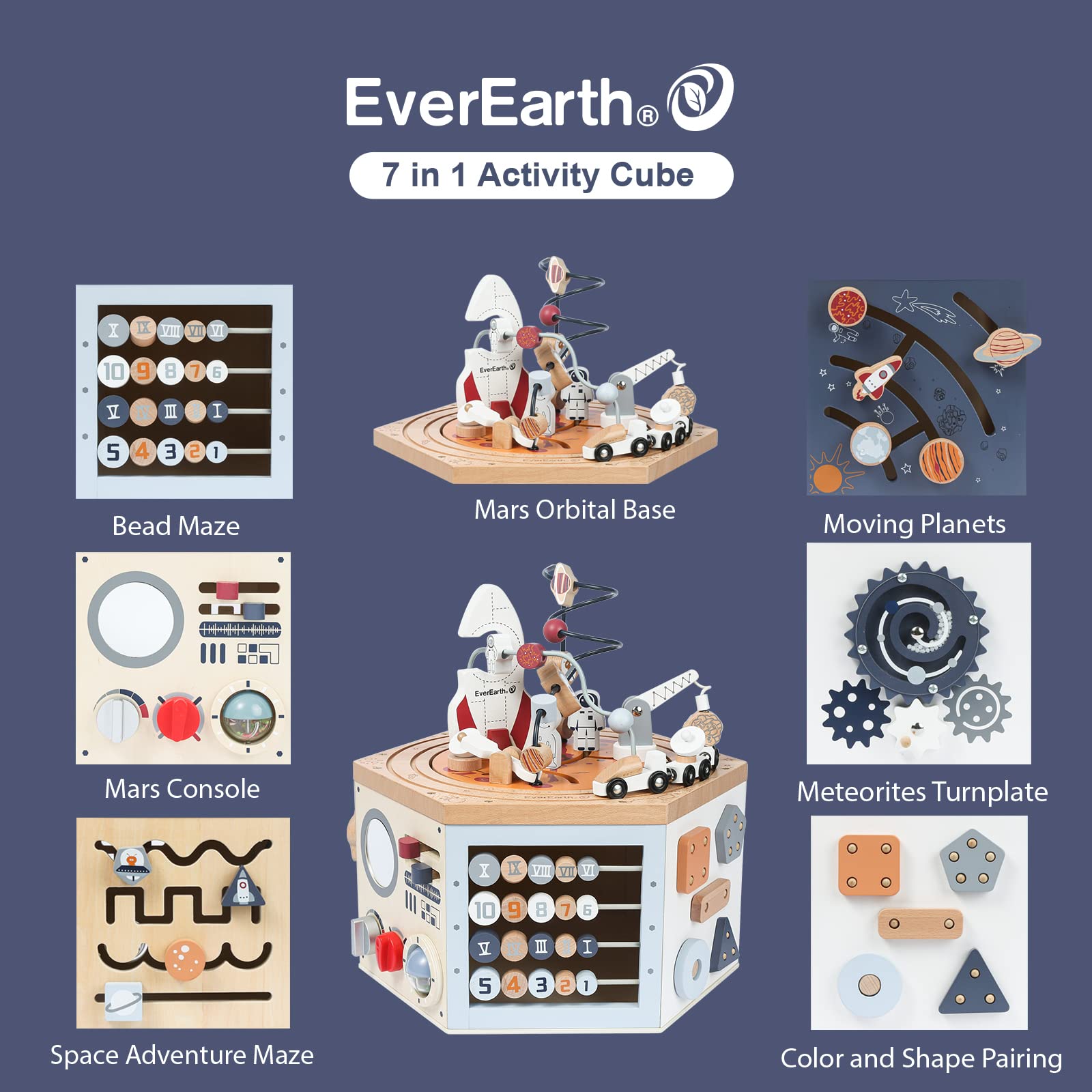 EverEarth Wooden Activity Cube with Bead Maze, Space Activity Cube for Toddlers 1-3 Girls Boys Multi Play Educational Learning Montessori Cube Toddler