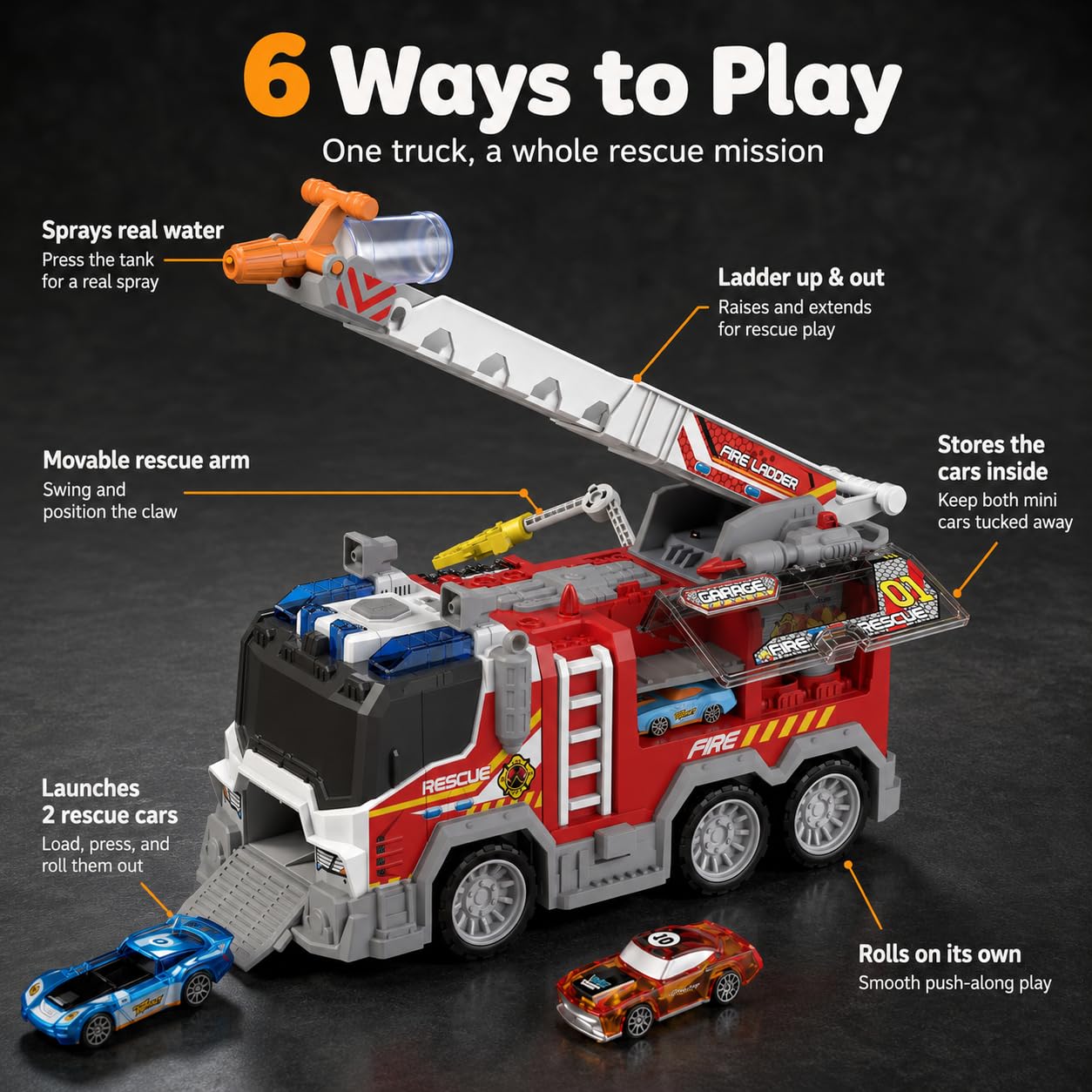 Toddler Fire Truck Toy with Water Spray | Firetruck Toy for Kids | Light & Sound Effects | Adjustable Angle & Length | Firefighter Toys | Holiday