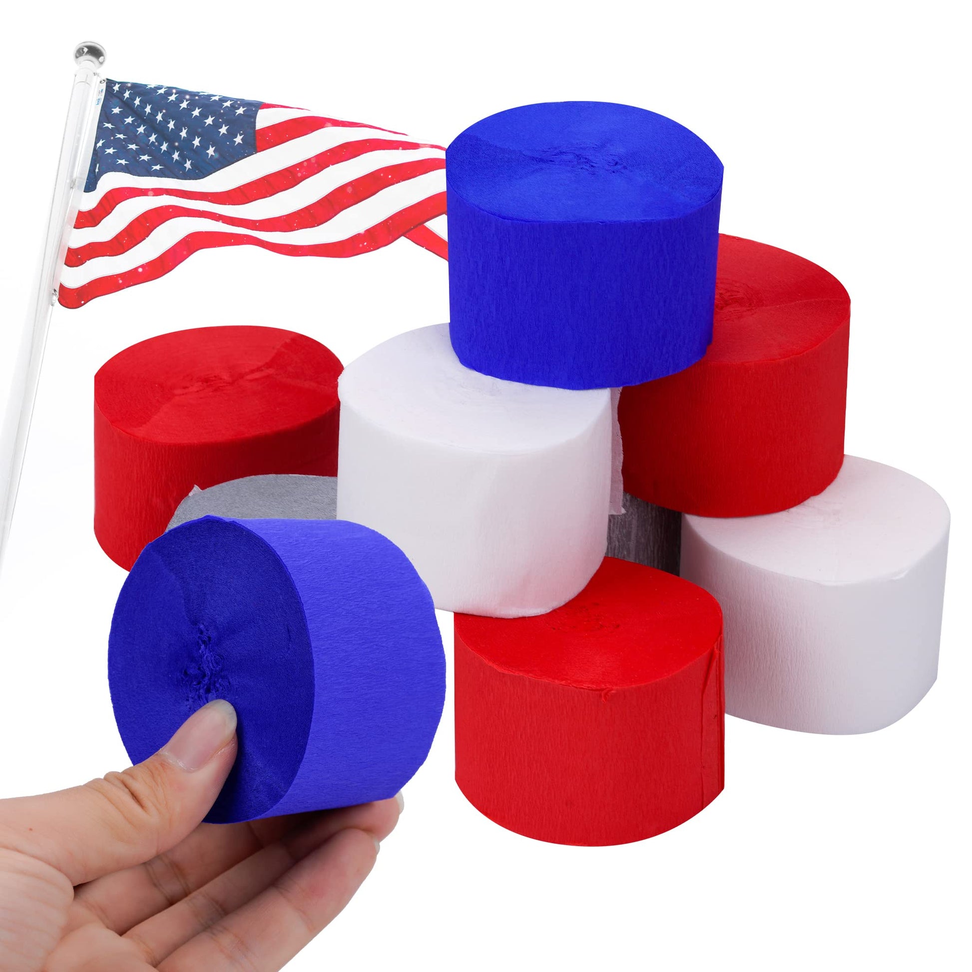 10 Rolls Patriotic Decorations Crepe Paper Streamers, 4th of July Streamers, 810-Feet Red White Blue Hanging Party Decoration, No Accidental Rips