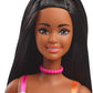 Barbie Fashionistas Doll #233 with Black Hair, Wearing Checkered Orange and Pink Flower Midi Dress with Necklace and Sandals
