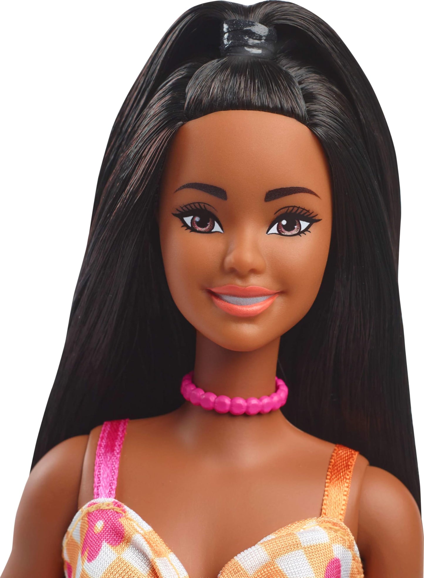 Barbie Fashionistas Doll #233 with Black Hair, Wearing Checkered Orange and Pink Flower Midi Dress with Necklace and Sandals
