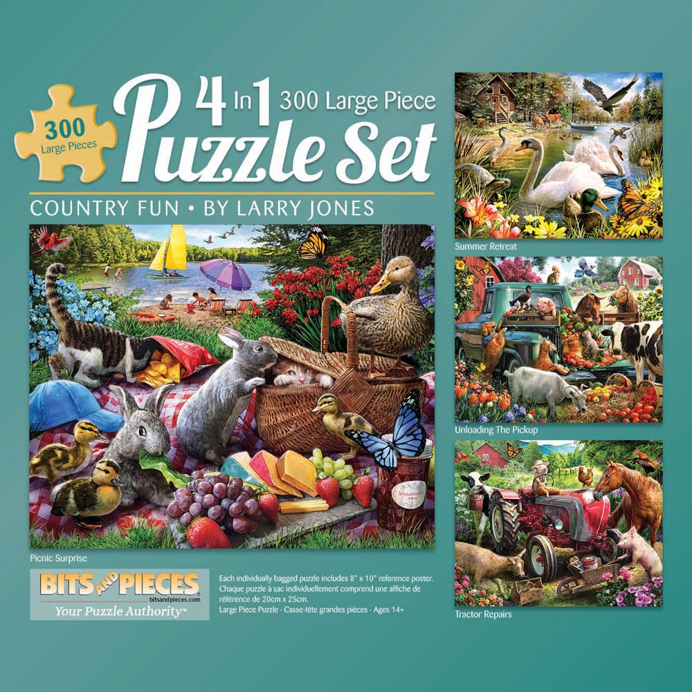Bits and Pieces 4 Jigsaw Puzzle Set 300 Piece Puzzles for Adults, 4-in-1 Country Animals Set Set 300 Large Pieces 16" x 20" Jigsaw Puzzles - Picnic