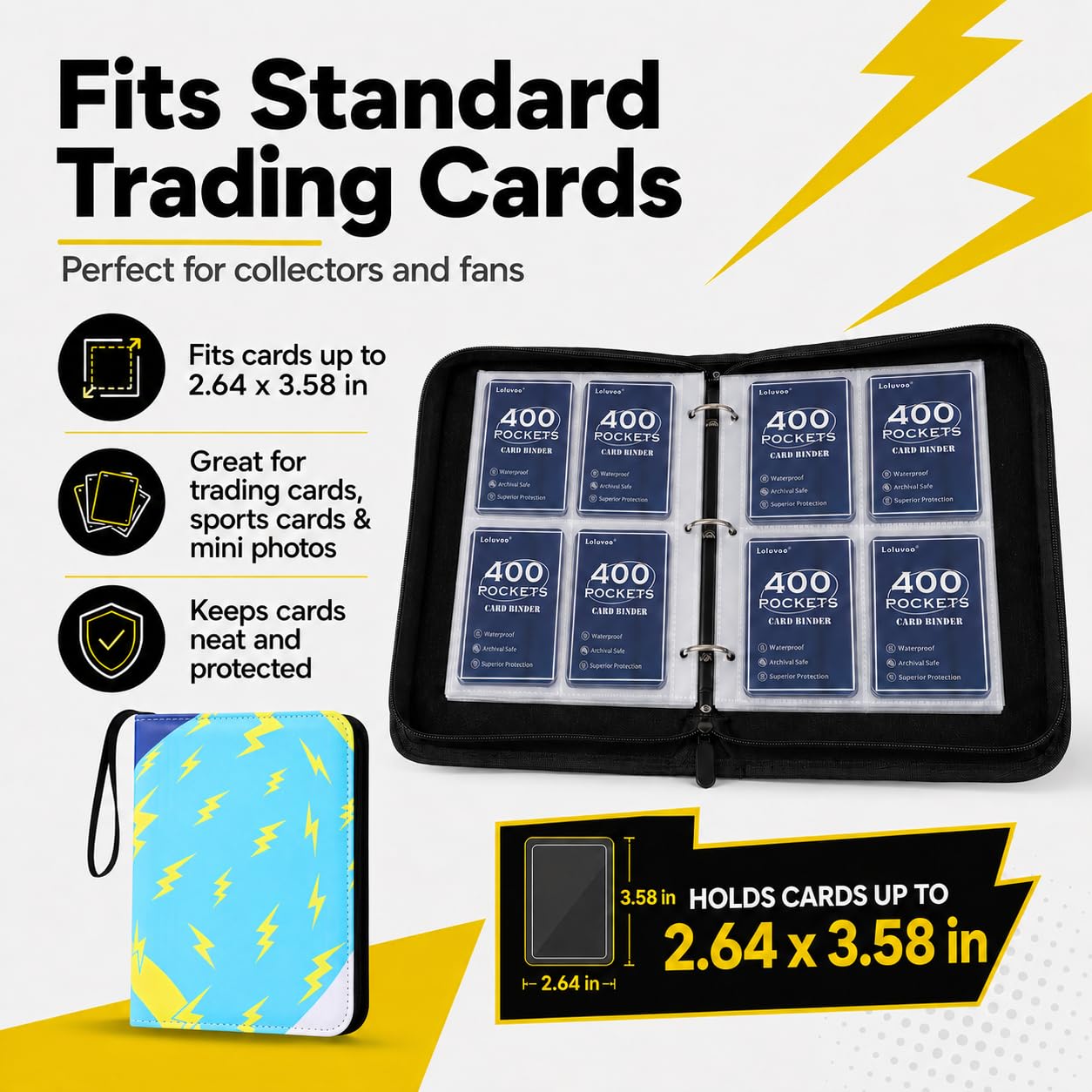 Trading Card Binder 4-Pocket with Zipper, 400 Pockets 3 Ring Card Holder Album with 50 Removable Pages, Acid-Free PVC-Free Pages, Portable Card