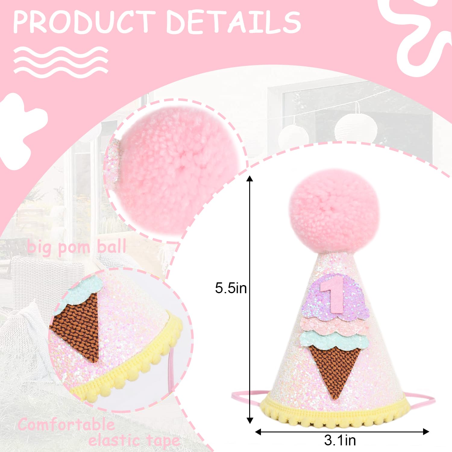 HIKLO Ice Cream 1st Birthday Cone Hat - Sweet One First Birthday Hat, Ice Cream 1st Birthday Decoration for Girls, Ice Cream Party Supplies