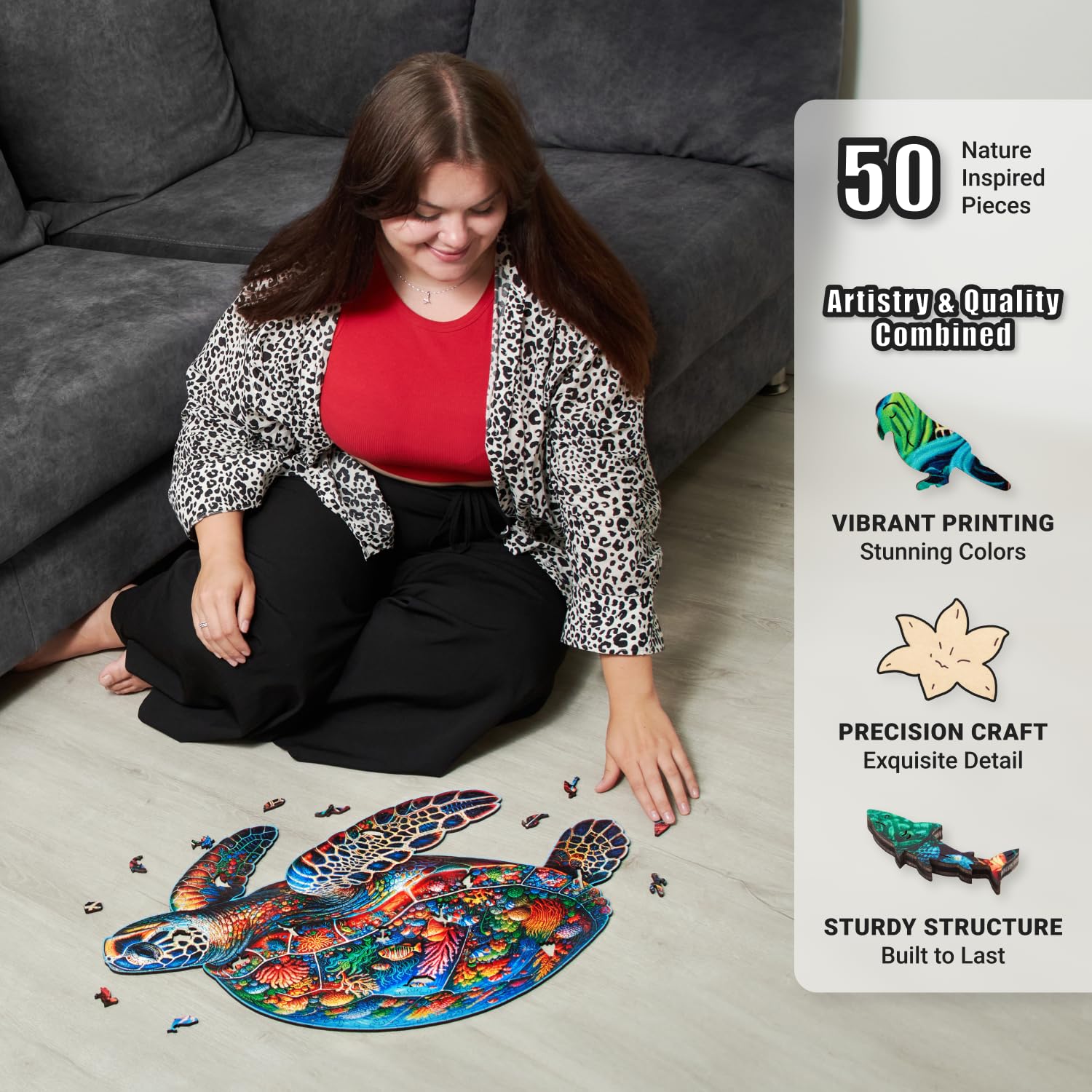 LEOGOR Wooden Jigsaw Puzzles for Adults 500 Pieces (25.2 x 16.4 in), Sea Turtle Puzzle, Extra-Thick 5mm Wood, Colorful Marine Life Design, Unique Gift