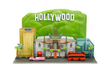 Jada Nano Hollywood Rides Walk of Fame Diorama w/ Hollywood Sign and 2 Vehicles (Double-Decker Tour Bus & 1958 Cadillac Series 62 Convertible), Toys