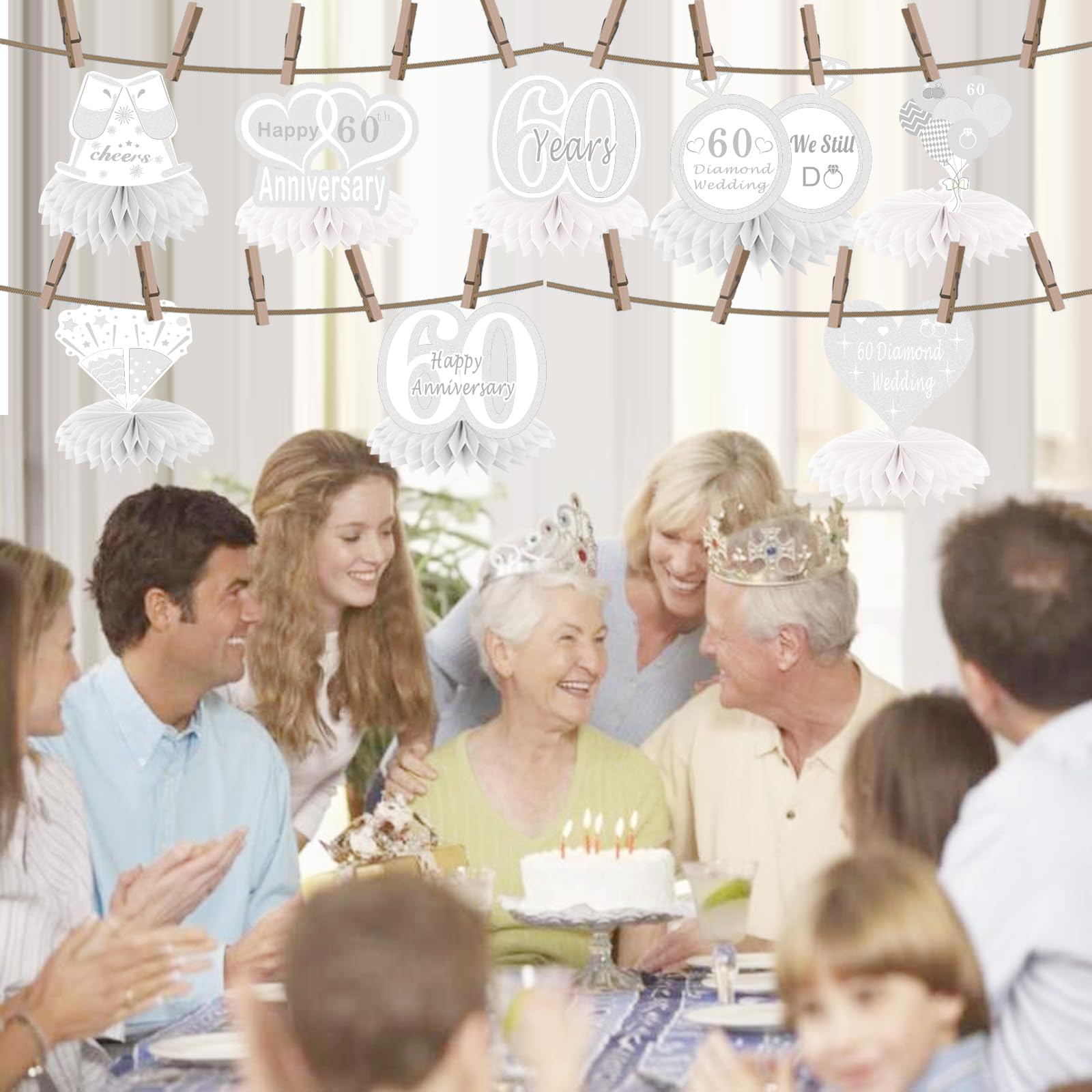 9Pcs Happy 60th Diamond Wedding Anniversary Honeycomb Centerpieces Decorations Silver 60 Anniversary Tale Party Supplies Romantic Cheer to 60 Years