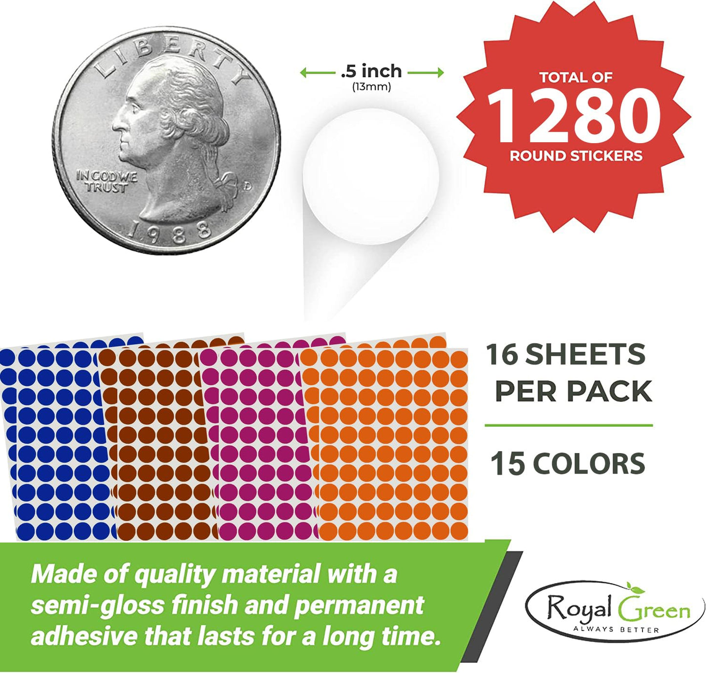 Royal Green Kids Colored Round dots ½ inch (0.5) Art Crafts and Games Stickers -1280 Pack 15 Colors 16 Sheets