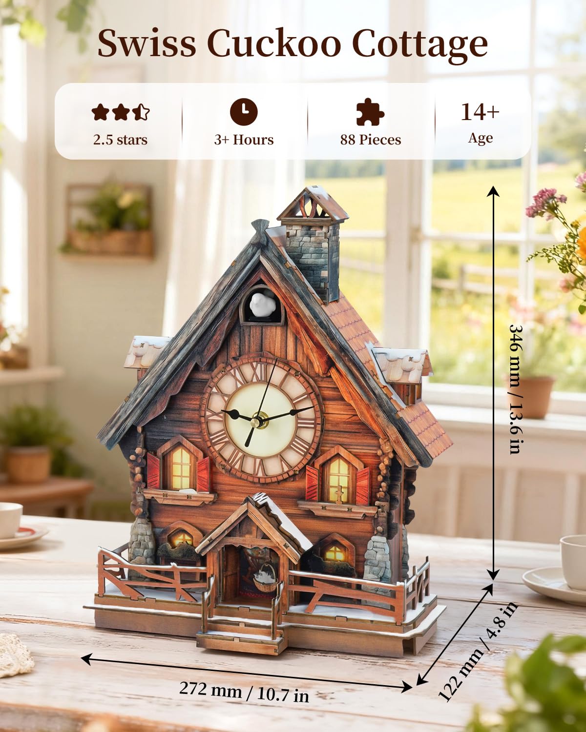 Rnfinewow 3D Puzzles for Adults-Cuckoo Clock, Swiss Igloo Clock Kit (with Pendulum), Wooden Puzzles for Adults Home Decor DIY Watch Making Kit