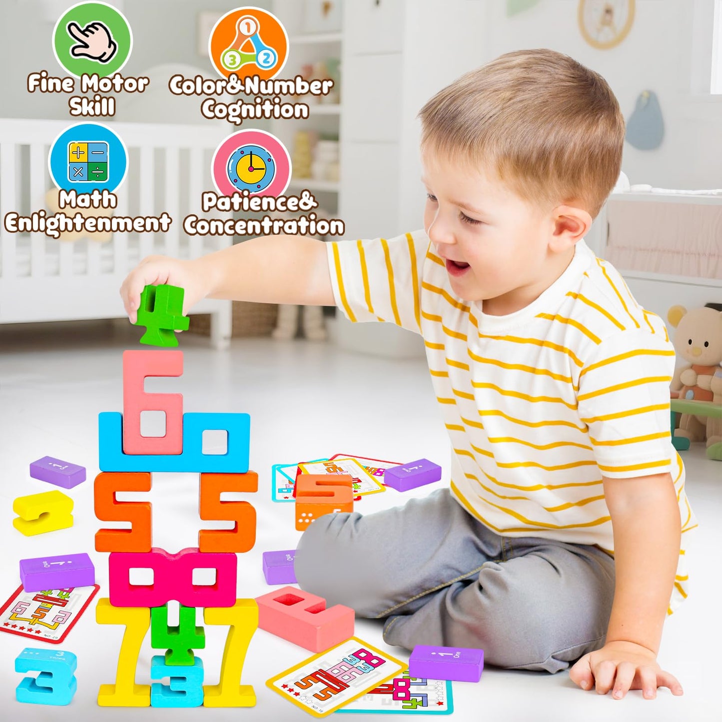 Montessori Wooden Number Building Blocks Toys for Toddlers Kids Stacking Number Blocks 1-10 Preschool Math Learning Educational Toys for 3 4 5 Year