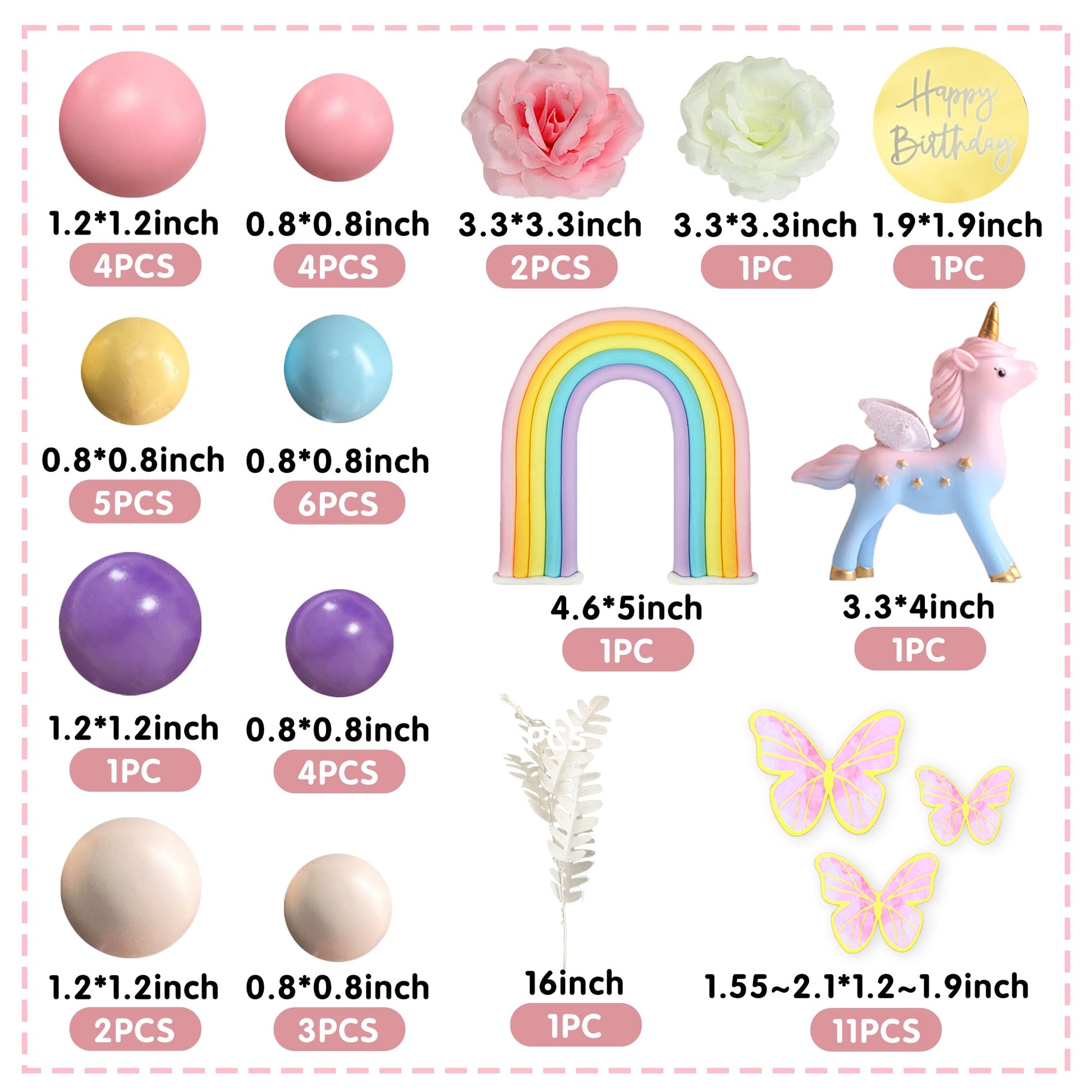 47 PCS Unicorn Cake Topper Unicorn Rainbow Cake Decorations with Rainbow Butterflies Unicorn Balls Happy Birthday Cake Decorations (Style 2)