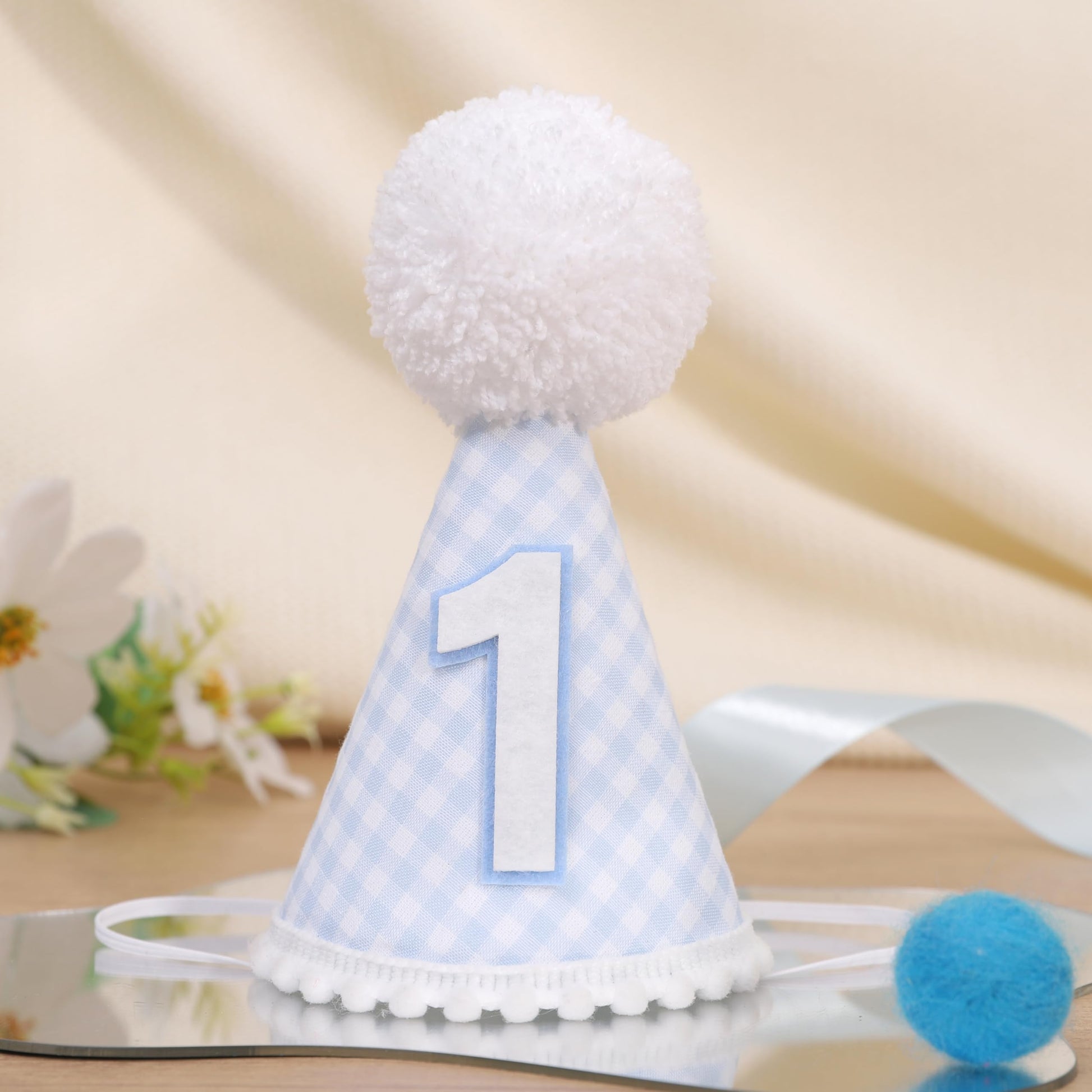 LINGANA Blue White Gingham 1st Birthday Hat - Simple One Birthday Party Decorations,First Cake Smash Photo Prop,Blue and White Plaid Cone Hat,Cute