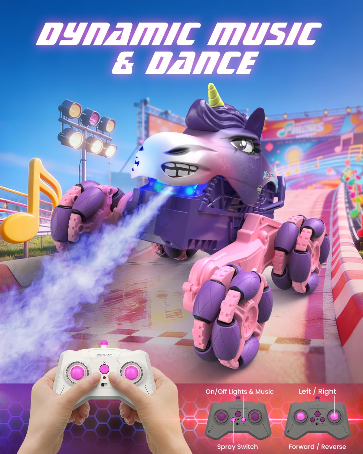 1:18 Pink Unicorn Monster Truck with Spray,120 Min Runtime,Gift for Girl 3+