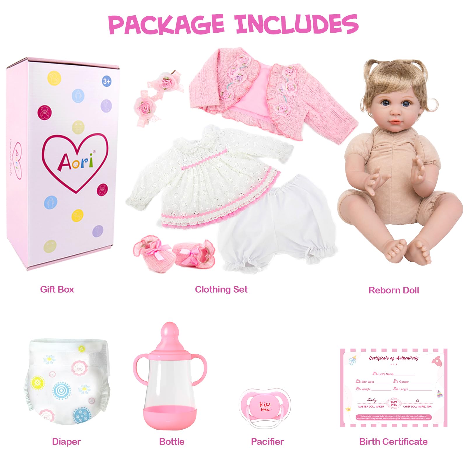 Aori Reborn Baby Dolls 22 Inch - Realistic Baby Doll for Kids 3+ Years - Lifelike Newborn Baby Girl with Pink Outfit - Handmade Cloth Body Reborn
