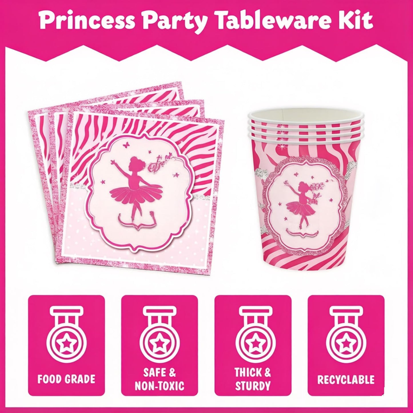 Pink Princess Party Supplies Kit for 24 Guests - 168 Pcs Disposable Tableware Set Includes Plates, Napkins, Cups & Cutlery for Girls Birthday Party