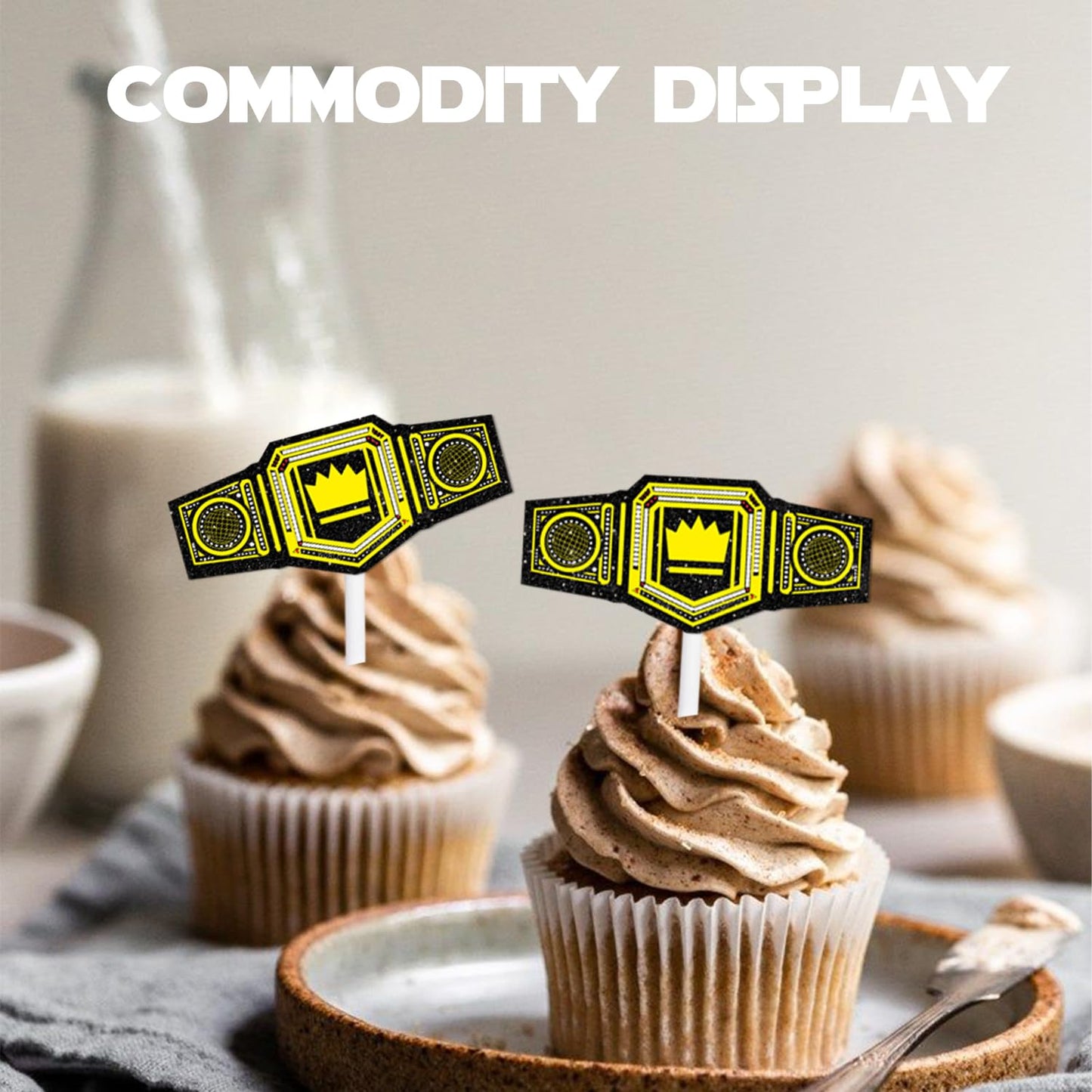 18pcs Gold Glitter Heavyweight Belt Dessert Cupcake Topper Wrestling Sport Champion Theme Decor Supplies Men Women Happy Birthday Anniversary Party