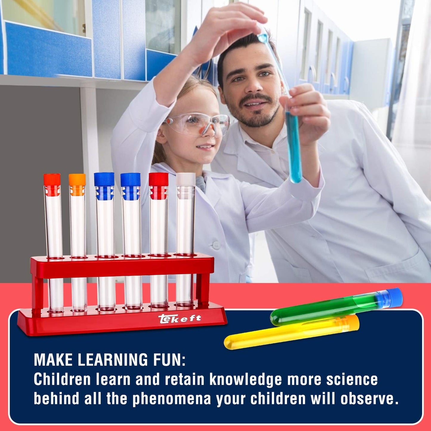 TEKEFT Set of 6 Assorted Color Plastic Test Tube Set with Caps and Rack Scientific Experiment(1 Set)