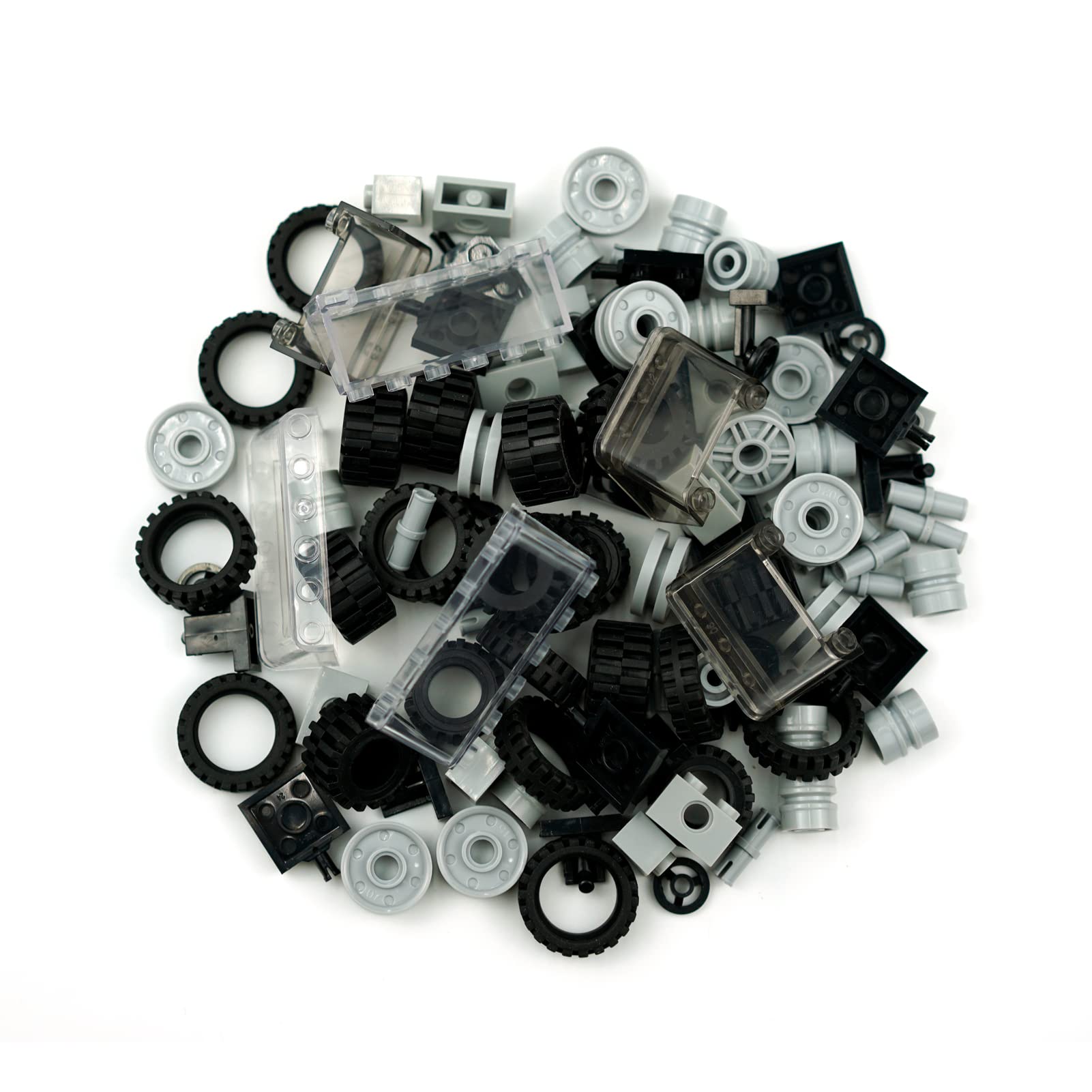 Pamvava Wheels and Axles Sets Tires, 102 Car Parts and Pieces, Windshield Steering Wheel Chassis Bricks Educational Toys