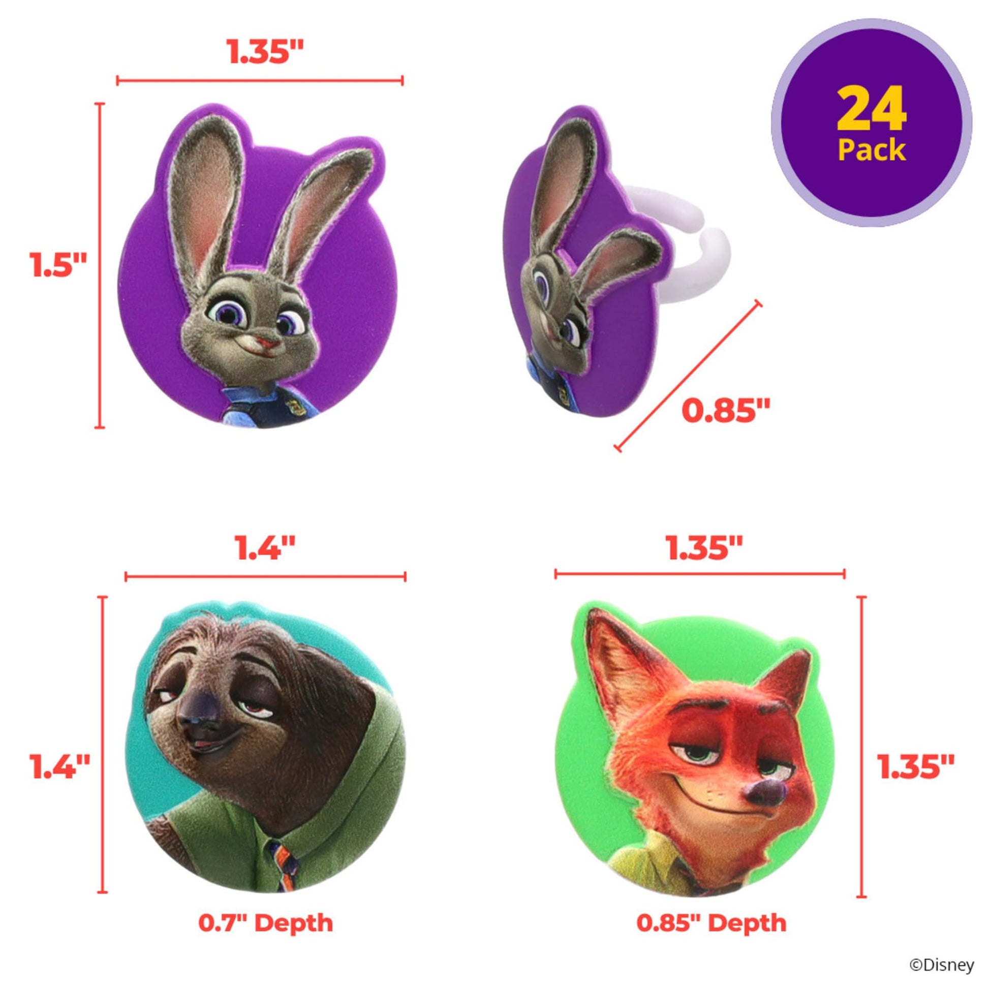 Disney's Zootopia Rings, Cupcake Decorations Featuring Judy Hopps, Nick Wilde & Flash Slothmore - 24 Pack