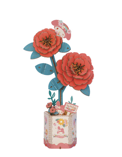 Hands Craft Hello Kitty and Friends My Melody Red Camellia 3D Wooden Puzzle Kit | DIY Flower Model | Arts & Crafts for Adults & Kids | Creative Hobby
