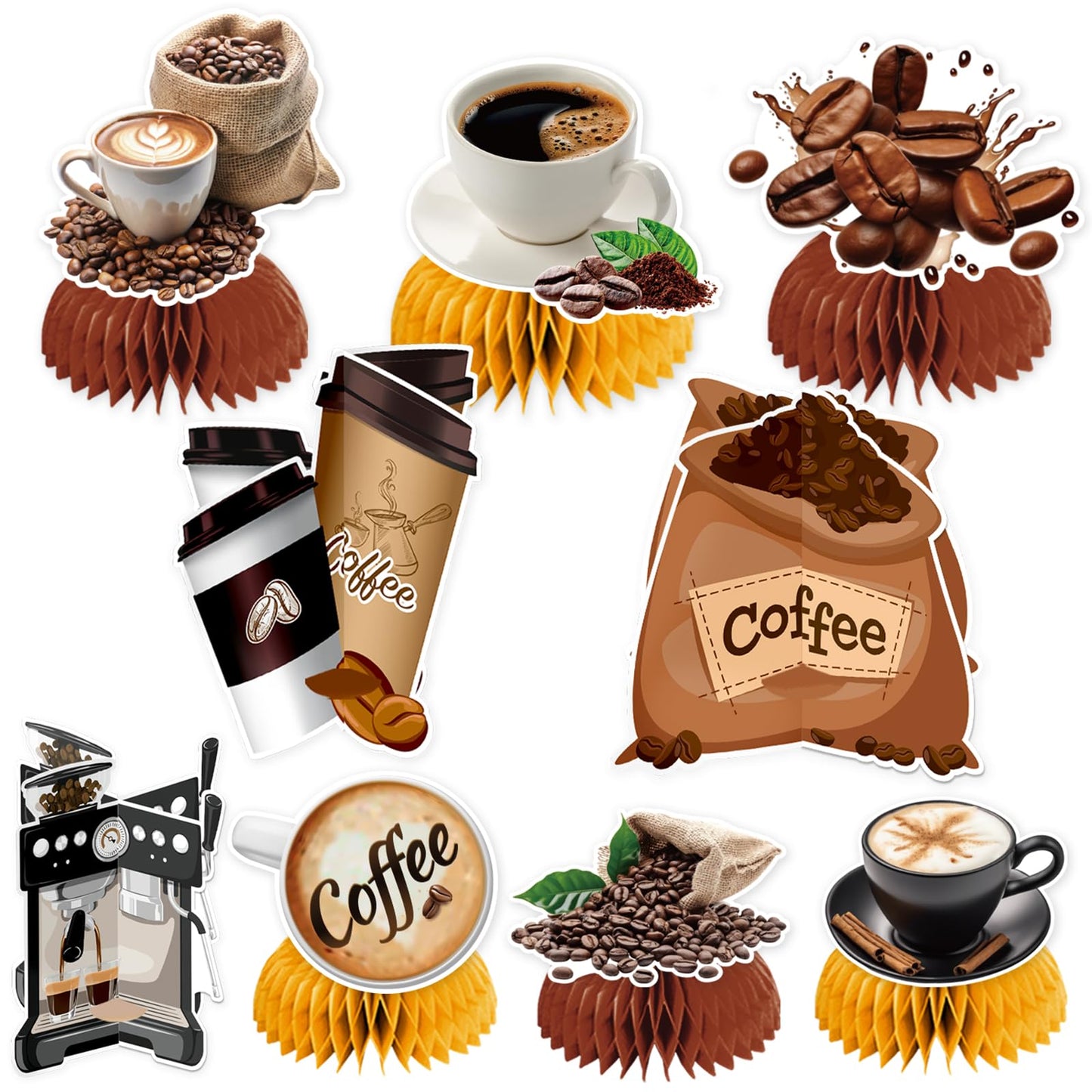 9 PCS Coffee Honeycomb Centerpieces Coffee Table Decorations Table Topper for Coffee Party Decorations Coffeehouse Birthday Party Supplies
