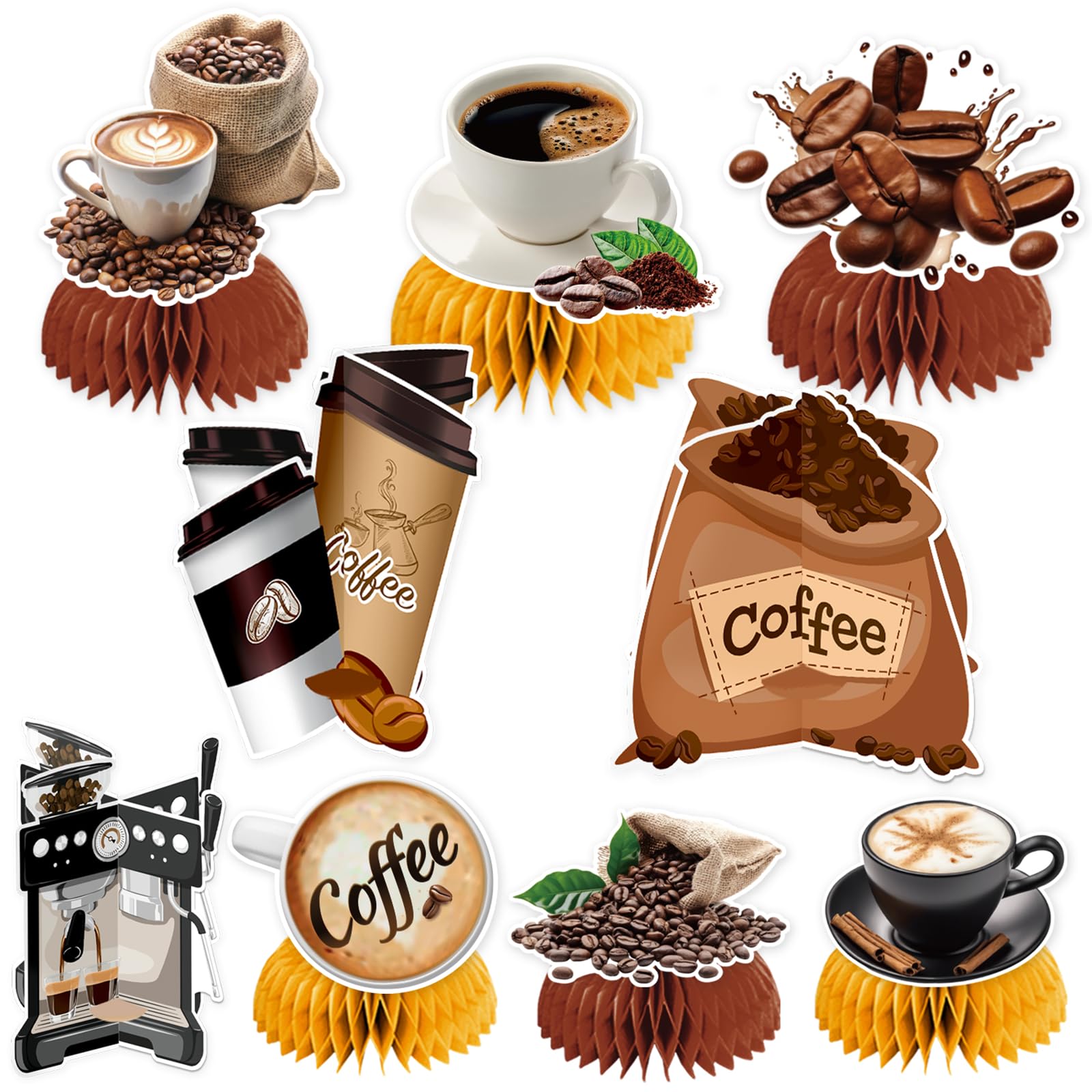 9 PCS Coffee Honeycomb Centerpieces Coffee Table Decorations Table Topper for Coffee Party Decorations Coffeehouse Birthday Party Supplies