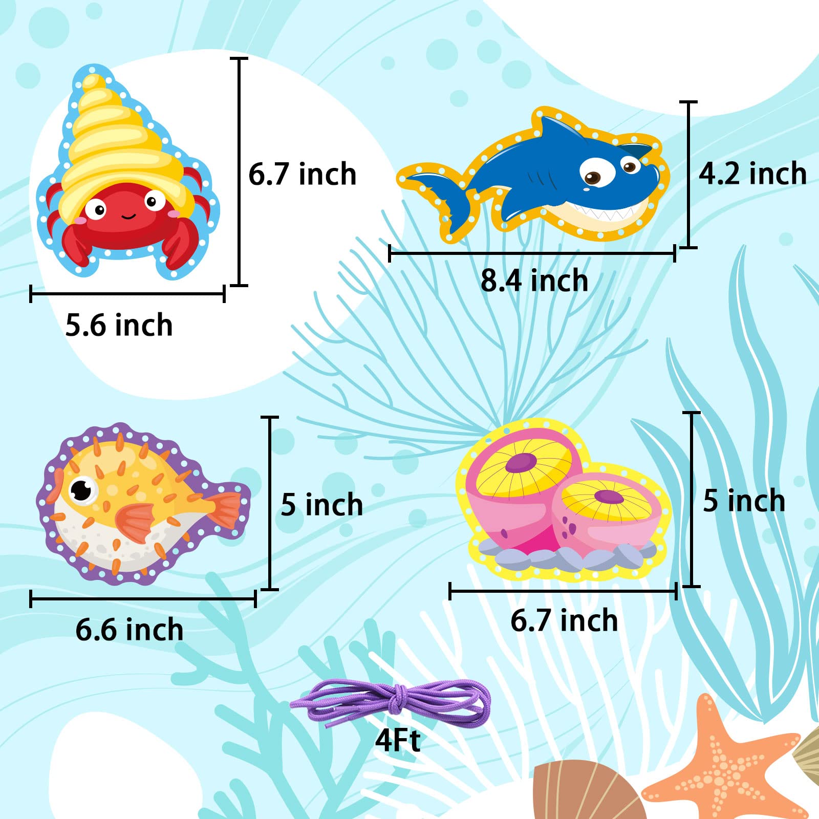 Sea Animals Lacing Cards Sewing Cards For Kids 12 Pack Shark Whale Ocean Theme Party Decor Double Sided Cardboard Lacing Playing Games for Preschool