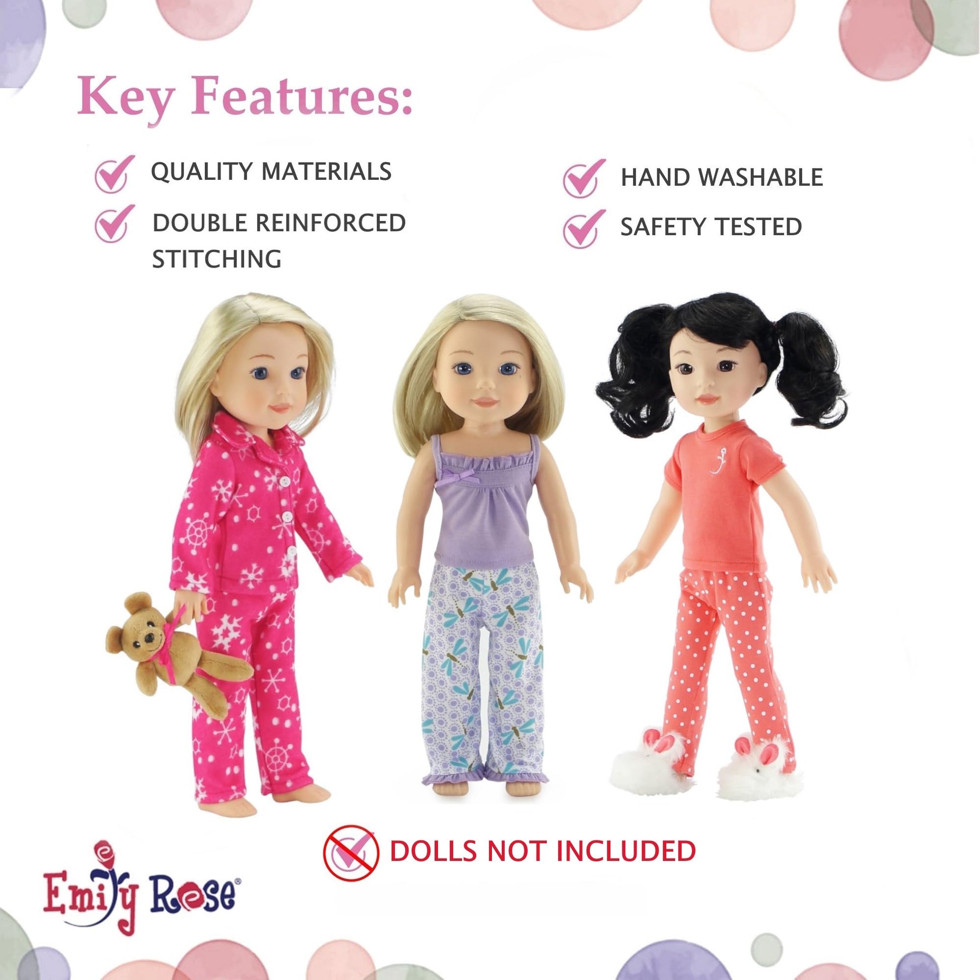 Emily Rose 14 & 14.5 Inch Doll 8-Piece Pajama Bundle | Seasonal PJs Gift Set with Teddy Bear and Bunny Slippers | USA Brand 14” Doll Pajamas | Fits