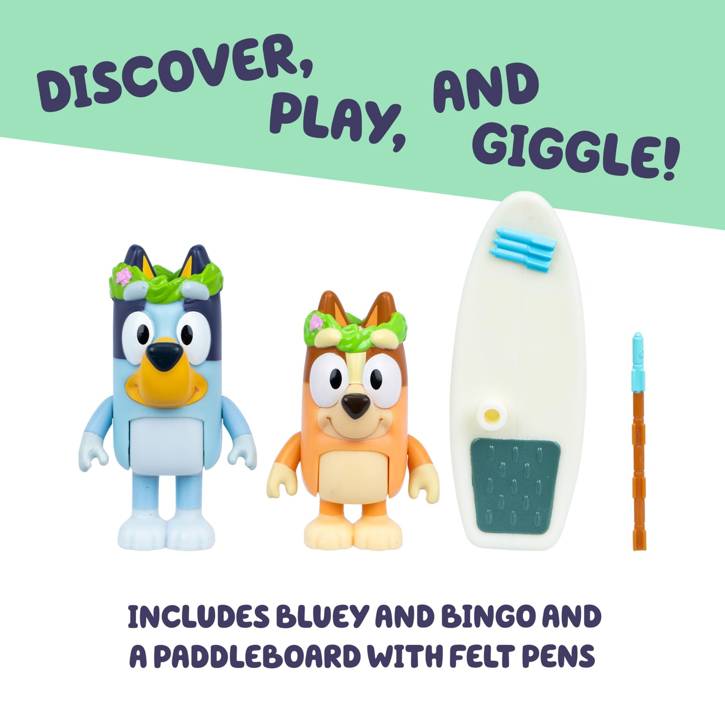 Bluey Figure 2-Pack Rug Island. 2 Episode-Themed Figures with Moving Arms & Paddleboard Accessories, 2.5-3" (6-7.6 cm) Poseable Toys for Kids