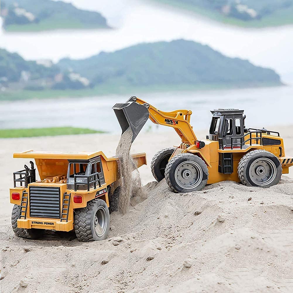 kkny Remote Control Construction Dump Truck Toy 2.4G RC 6 Channel Bulldozer 4 Wheel Driver Mine Construction Alloy Metal Vehicle Truck 1:18 with 2