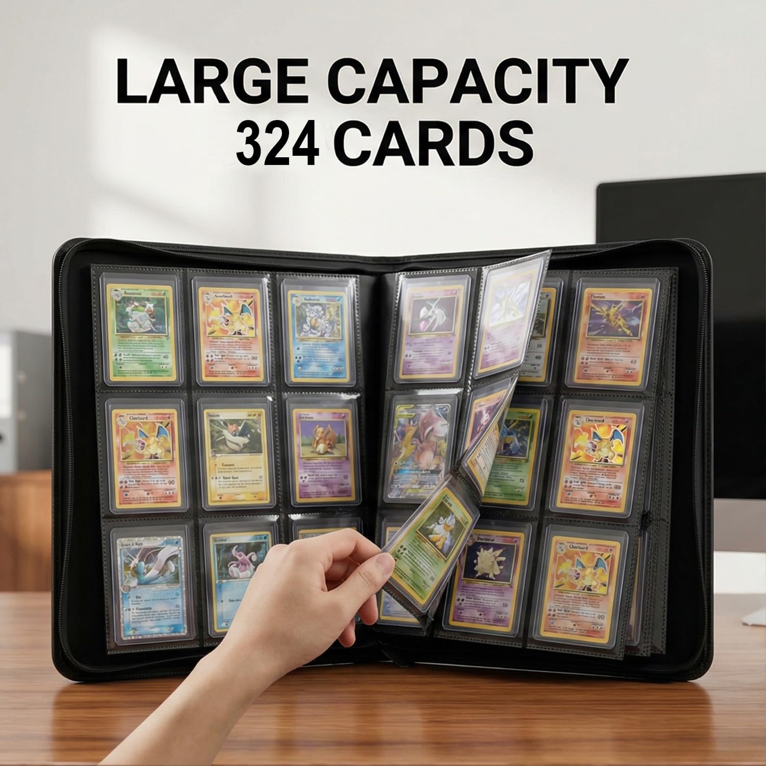 Toploader Binder, Trading Card Binder Holds 324 Cards 9 Pockets, Waterproof PU Leather & Anti-Yellowing PP Inserts, Ridge Tab Sorting Portable Top