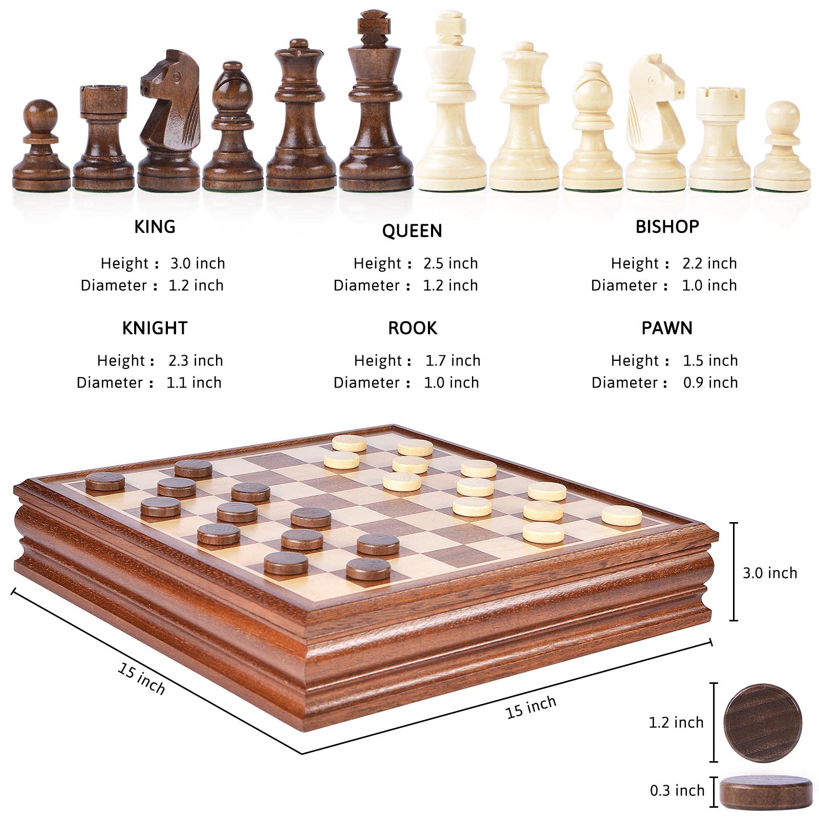 VAMSLOVE Chess and Checkers Board Game Sets for Adults Wooden Deluxe 15 inch Wood Board Box with Storage, Classic 2 in 1 Large Size with Chess Pieces
