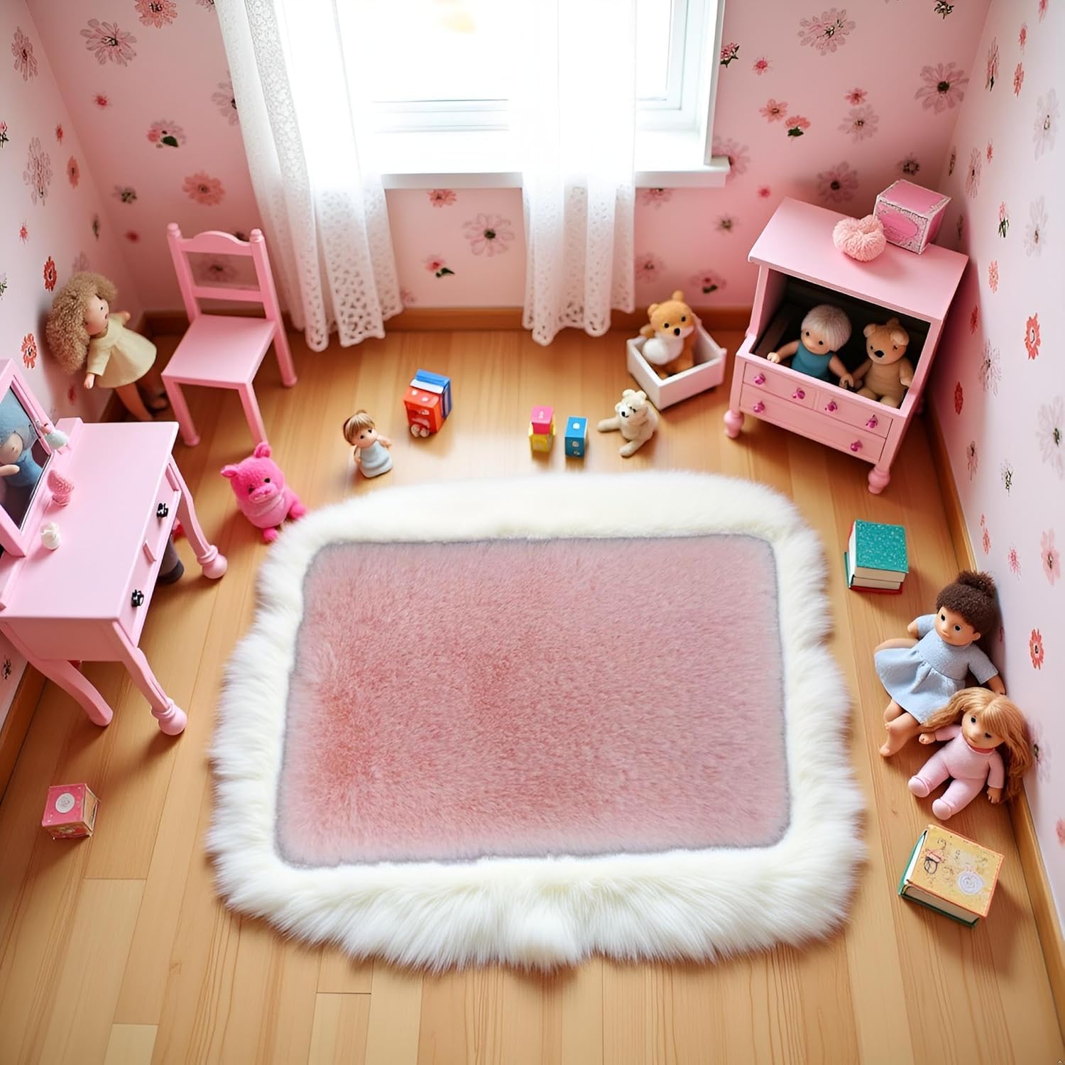 2Pcs Pink Square Carpet, Miniature Fluffy Rug, Lightweight Dollhouse Decor for 1/12 Scale