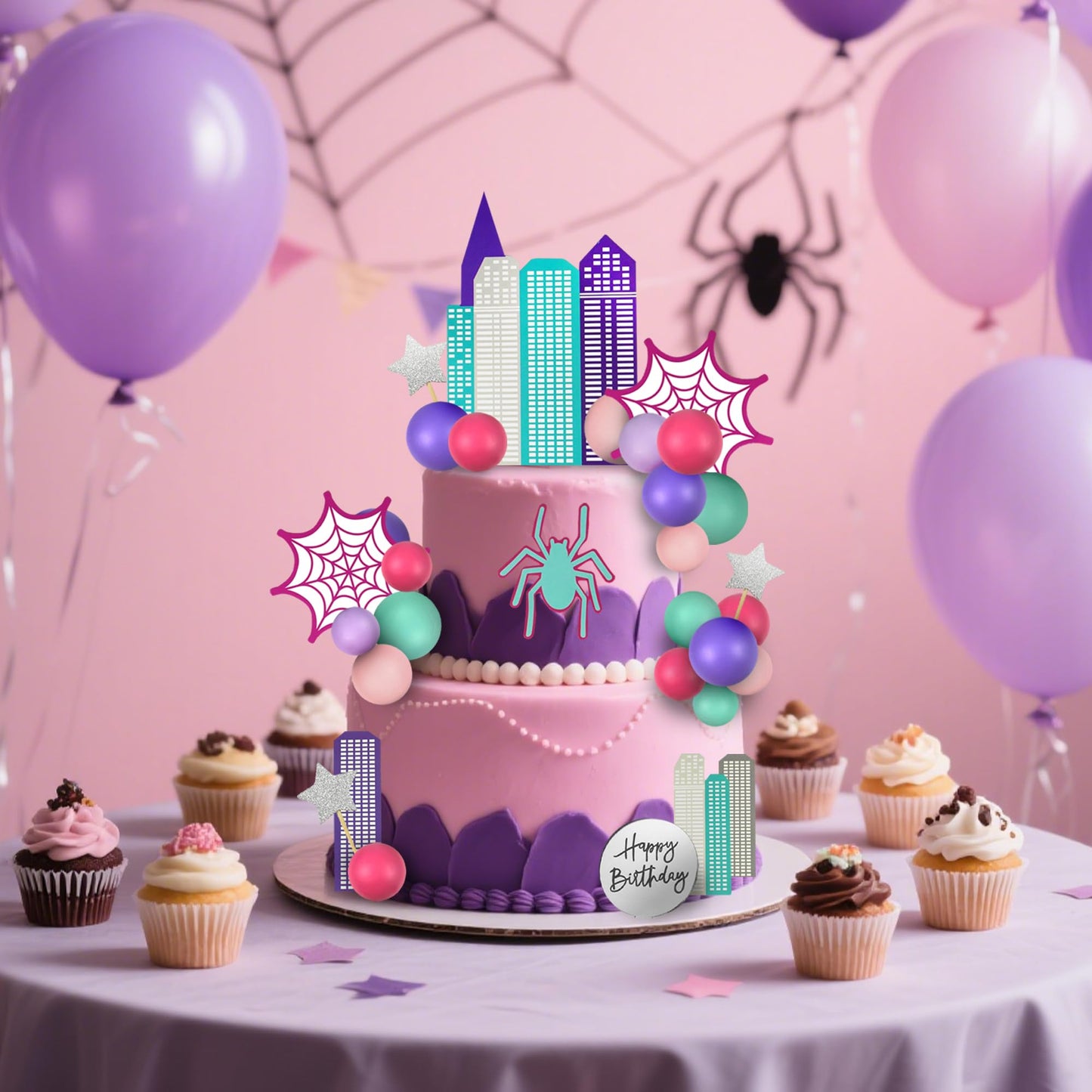 Spider Cake Topper with Pink Spider Web Balls Stars for Animal Themed Birthday