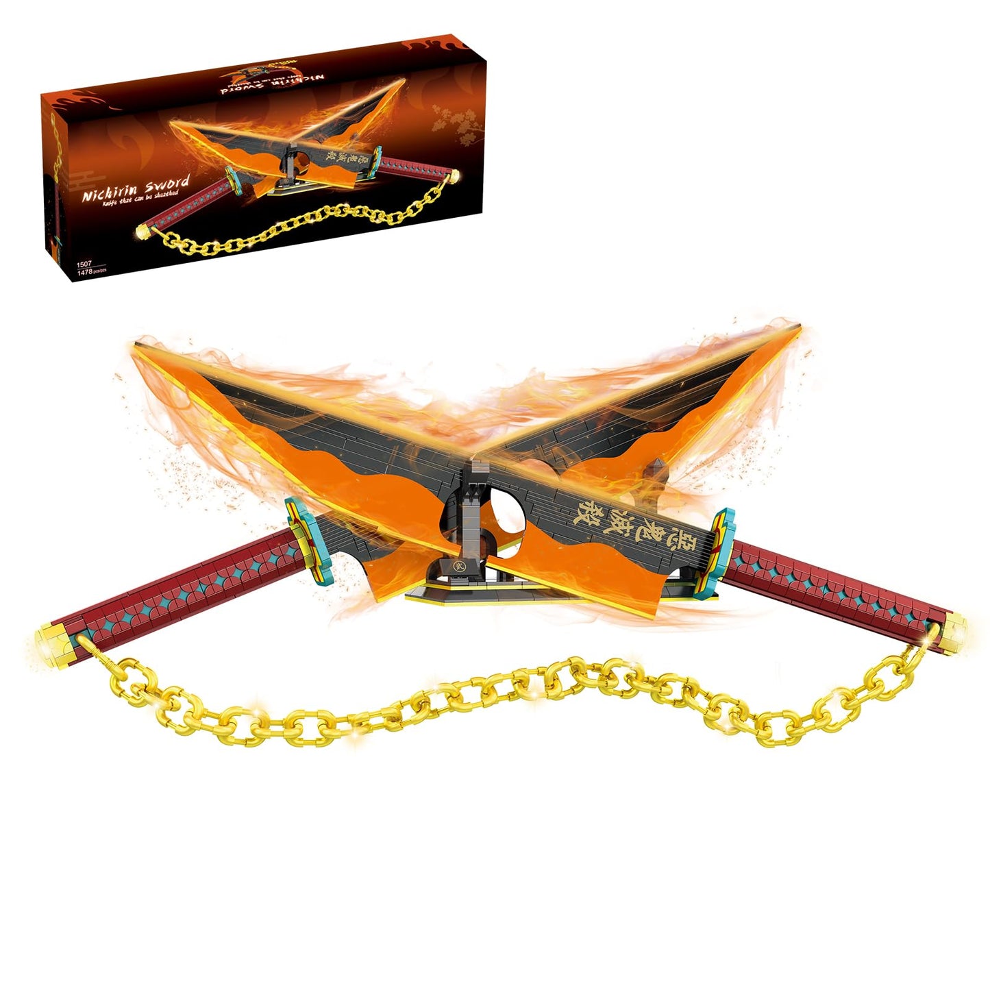 GHQYTPR Anime Dual Cleaver Building Set - 1478 Pieces Sound Ninja Sword Model with Golden Chain 82 Inch Huge Nichirin Style Weapon Flashy Cosplay Prop