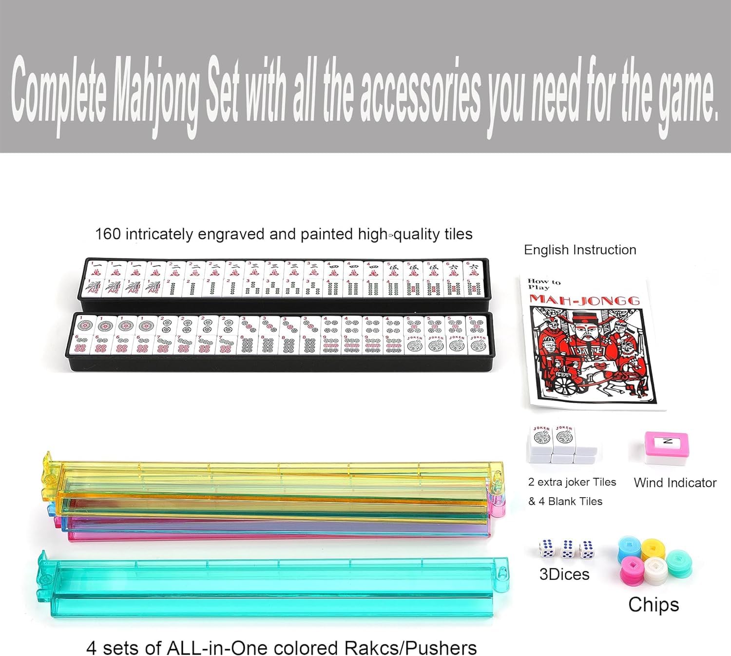 Mose Cafolo American Mahjong Game Set, Pinky Red Carrying Bag,166 Premium White Tiles,4 Color Racks/Pushers,100 Chips,1 Wind Indicator,Western Mahjong