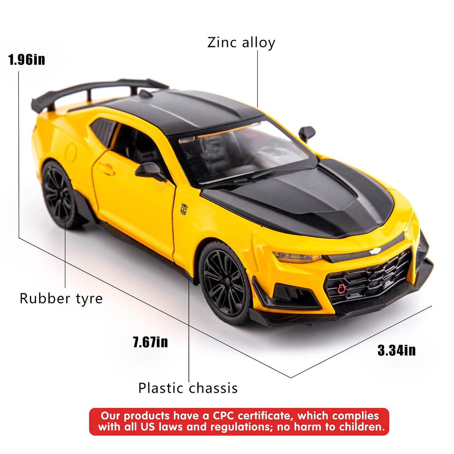 BDTCTK 1/24 Bumblebee Car Model Toy Zinc Alloy Casting Pull Back Car Sound and Light Toys for Kids Boy Girl Gift (Yellow)