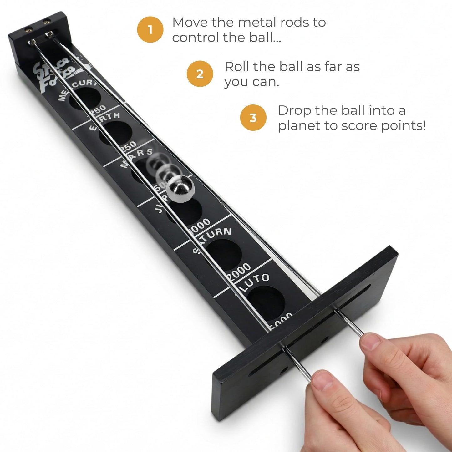 WE Games Shoot the Moon Game, Large 18 inches, Black Stained Solid Wood Board with Metal Ball and Rods, Retro Balancing Game for Family and Bar