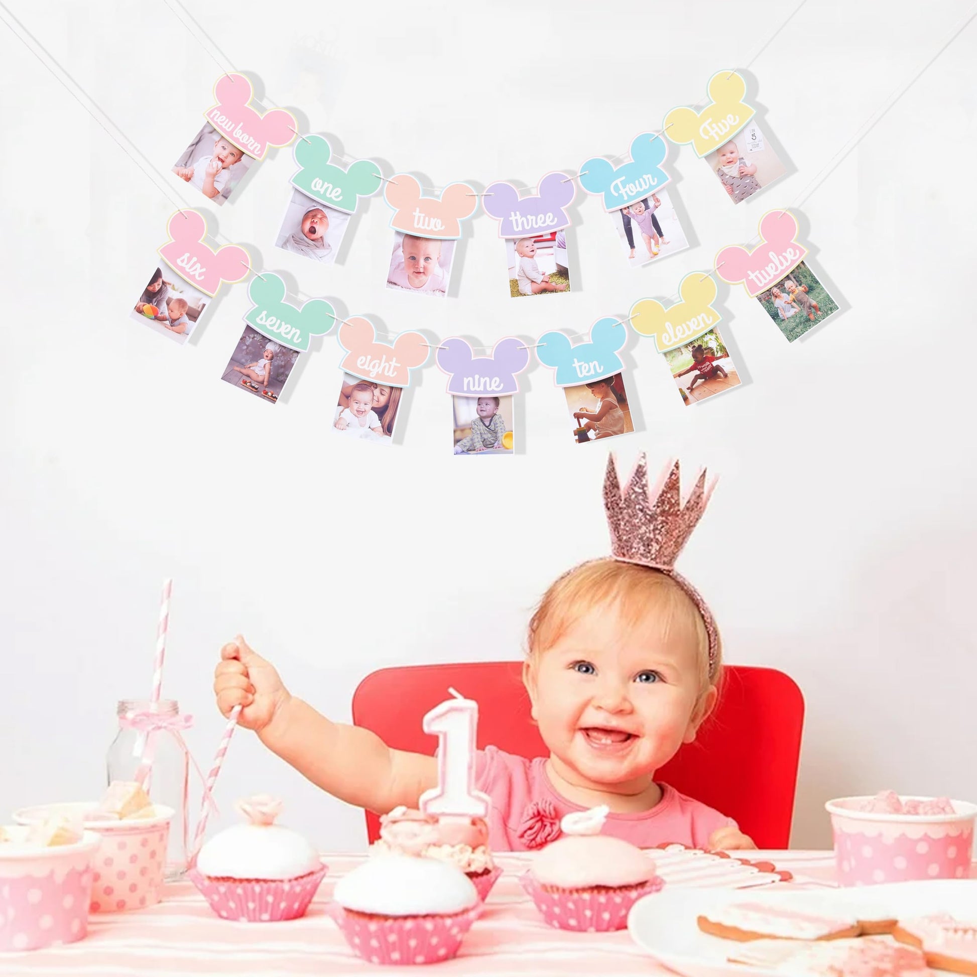 Mouse 12 Months Photo Banner - Pastel Rainbow First Birthday Photo Garland, Happiest Birthday on Earth Banner, Mouse Party Decor, Mouse Monthly