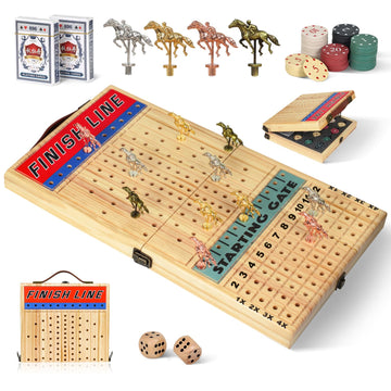 21 Inches Horse Racing Game, Horse Race Board Games with 11 Luxury Metal Horses,Thickened Wood Chessboard,Chips,Cards and Dice, Classic Wooden Table