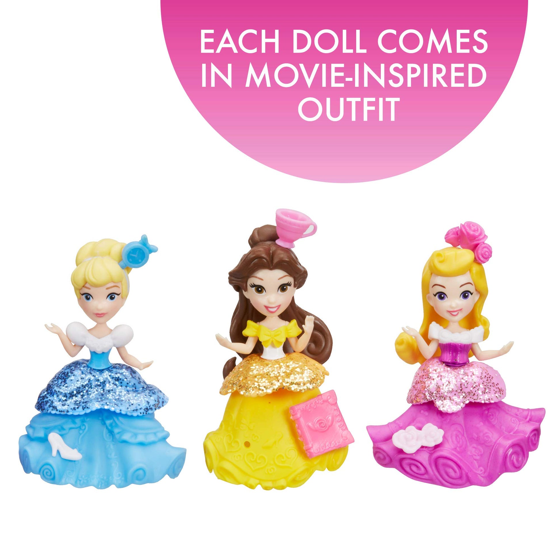 Disney Princess E4221 Little Kingdom Doll Collection, 11 Small Dolls with Glitter Dresses and 22 Snap-ins Accessories, Toy for 4 Year Olds and Up