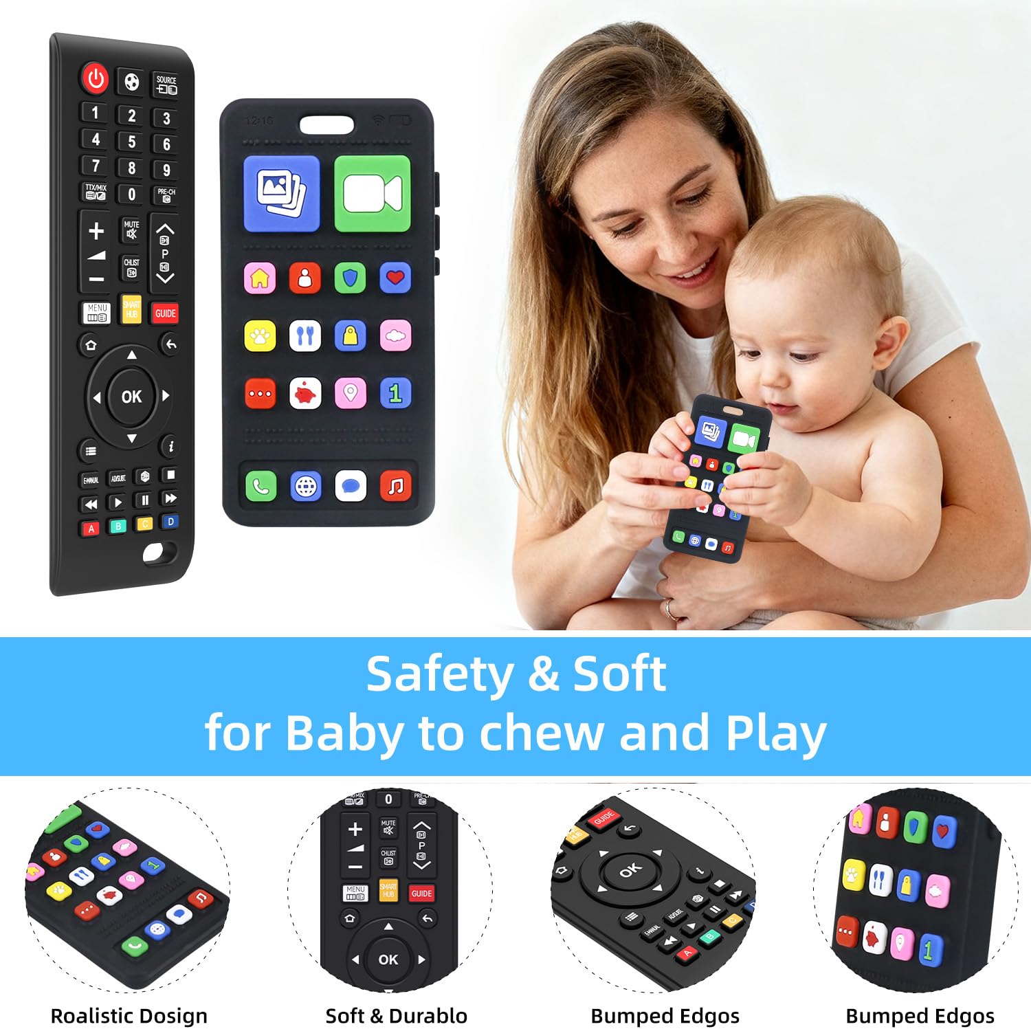 SLUQQHDU Baby Silicone Teething Toys for Babies 0-6 Months,Phone and Remote Teether Toys for Toddlers 6-12 Months,2 Pack Teether Toys Sensory Toys