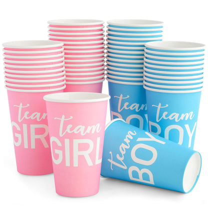 BLUE PANDA 12 oz Gender Reveal Paper Cups | Team Boy Team Girl Disposable Drinking Cups for Baby Shower Party Supplies and Decorations | 50-Pack Pink