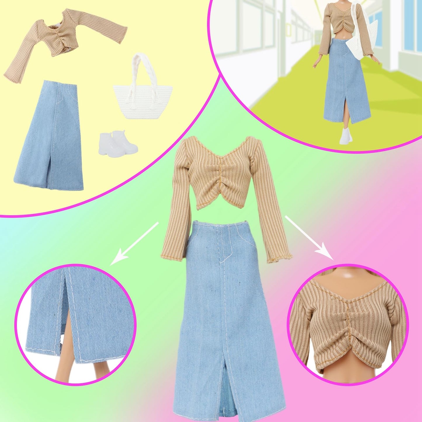 BLIJOLA 10Pcs Doll Clothes & Accessories Including 4 Sets Casual Doll Clothing, Skirt, Long Dress, Top and Pant Outfits with 4 Pair of Shoes 2