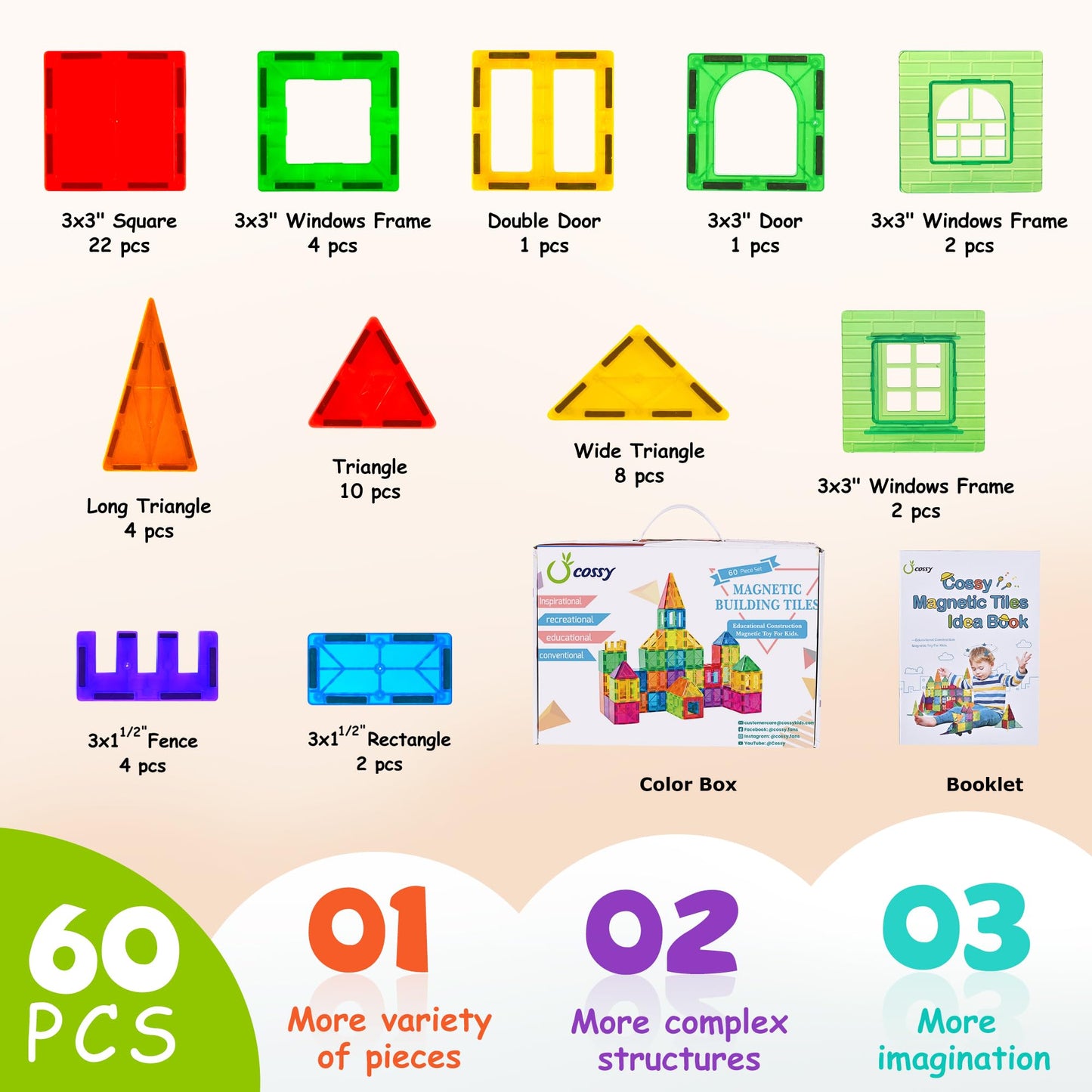 cossy 60 Pcs Magnet Tiles Magnetic 3D Building Blocks Set Educational Construction Toys for 3+ Year Kids with Stronger Magnets, Rivets-Fastened
