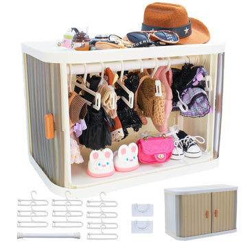 Foldable Doll Wardrobe Storage Box Compatible with Labubu Clothes with 10 Hangers & Rod - Stackable Organizer Cabinet for 15/17cm Doll Clothes